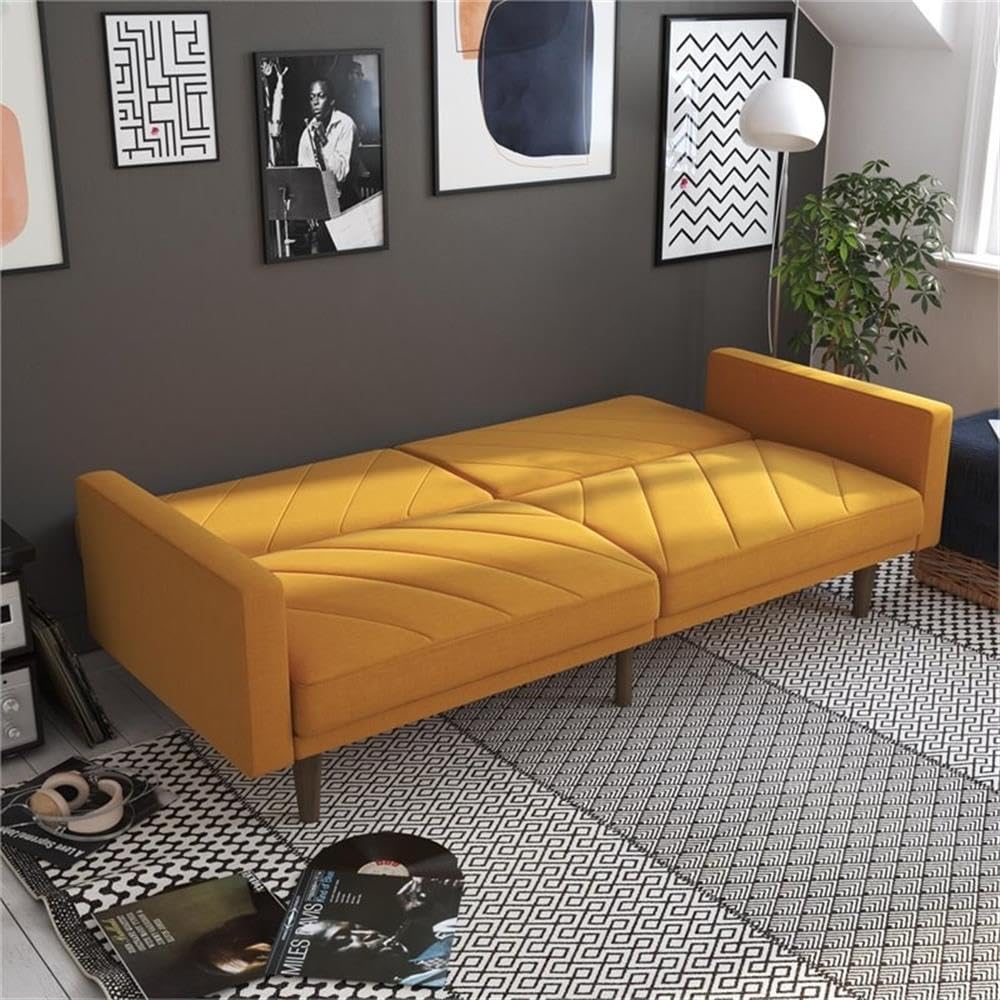 Pemberly Row Futon in Mustard Yellow Linen - Modern Convertible Sofa Bed for Small Spaces, Living Room & Guest Room