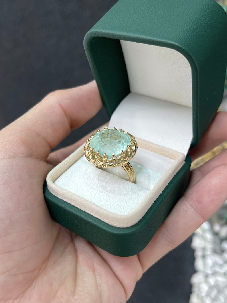 16.75ct 14K Pale Light Green Cushion Cut Emerald Vintage Ring - Rare Antique Inspired Jewelry for Wedding, Engagement & Special Occasions