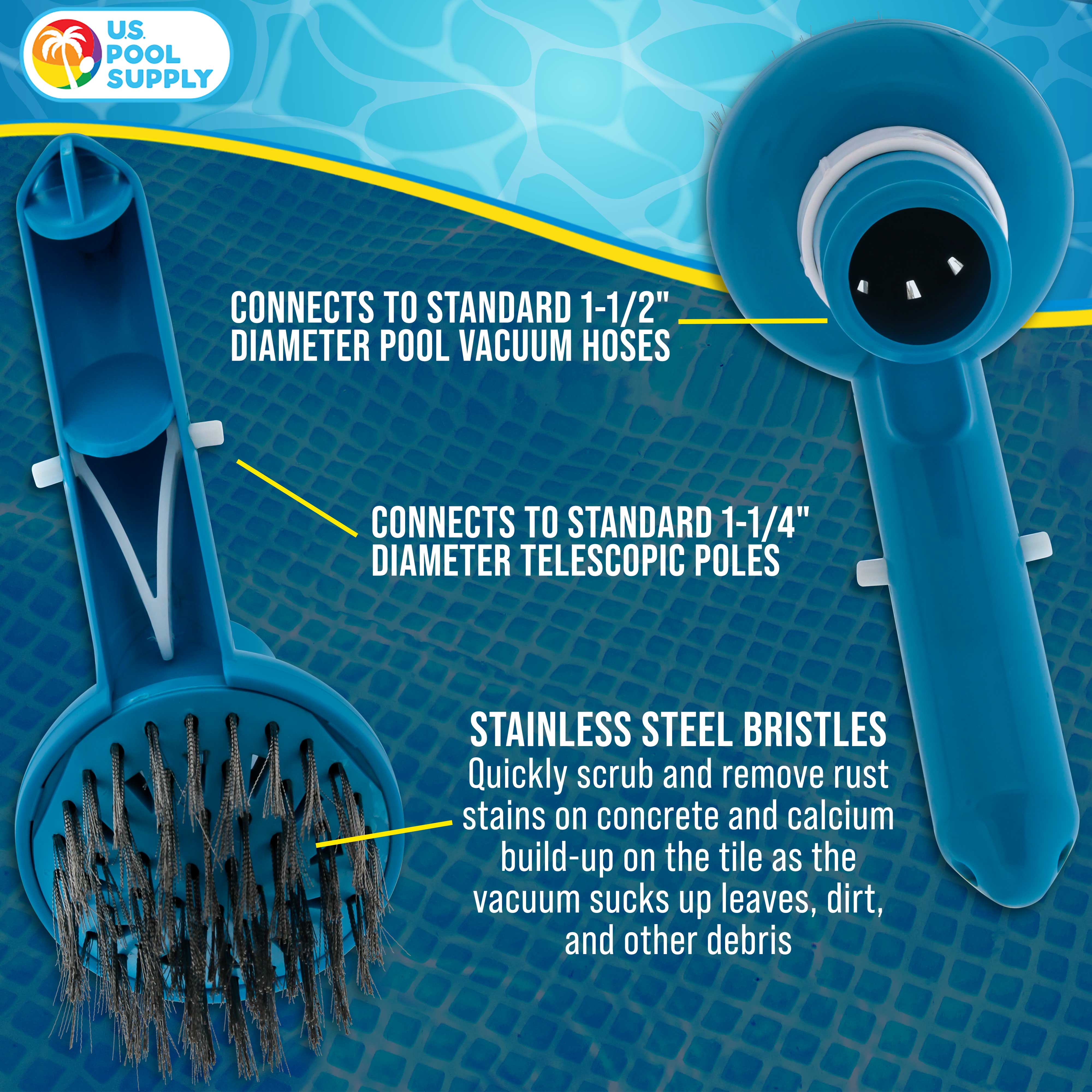 **Stainless Steel Pool Vacuum Head Brush - Adjustable Suction Ring for Calcium, Rust & Stain Removal - Ideal for Concrete & In-Ground Pools**