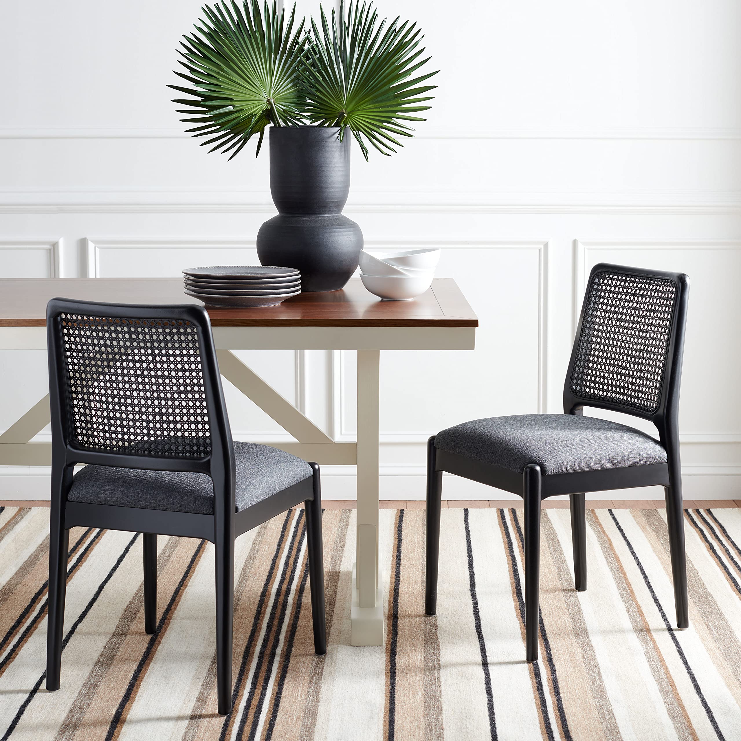 SAFAVIEH Reinhardt Rattan Cushion Dining Chairs (Set of 2) - Fully Assembled Black/Grey Modern Kitchen & Patio Furniture - DCH8800C-SET2 for Indoor Outdoor Dining Room, Breakfast Nook, and Garden Decor