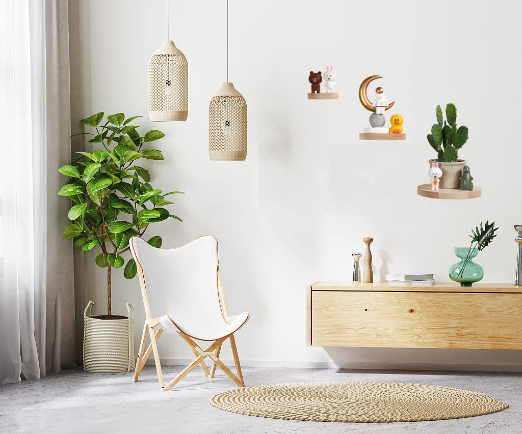 Small Natural Wooden Floating Shelves - 2 Pack 8 Inch Round Corner Wall Mounted Display Ledge for Action Figures & Home Decor - Perfect for Bedroom, Living Room, and Office Organization