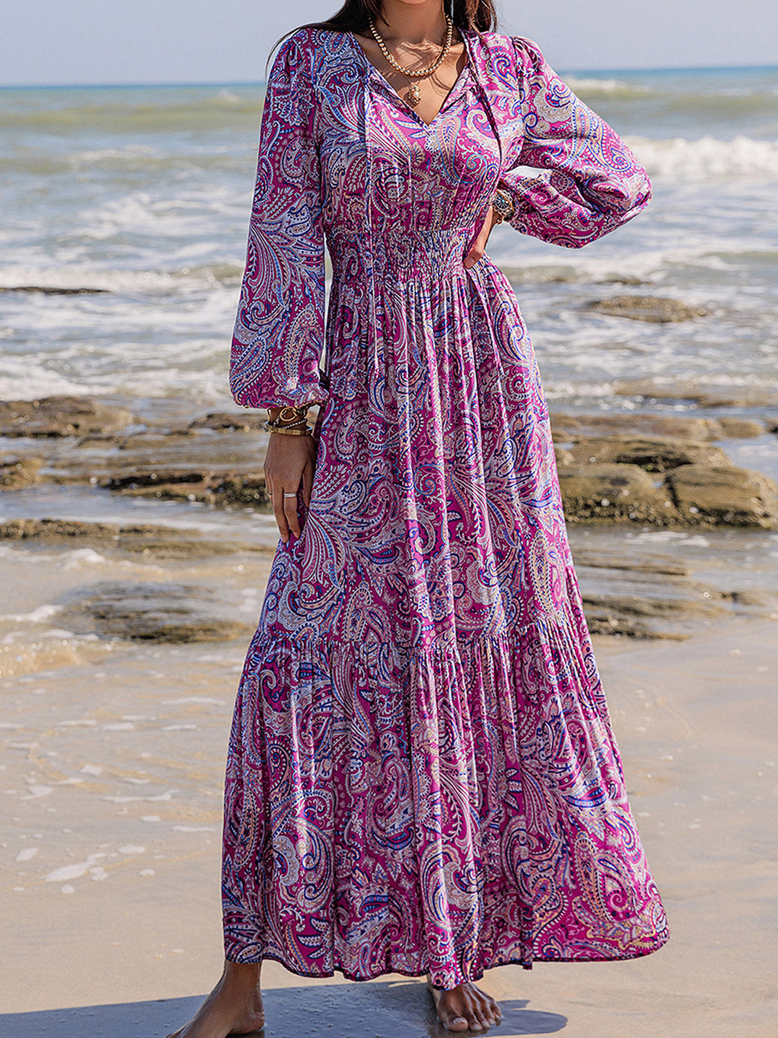 Elegant Balloon Sleeve Beach Maxi Dress for Women - Flowy Summer Boho Dress with Pockets - Perfect for Vacations, Weddings & Beach Parties