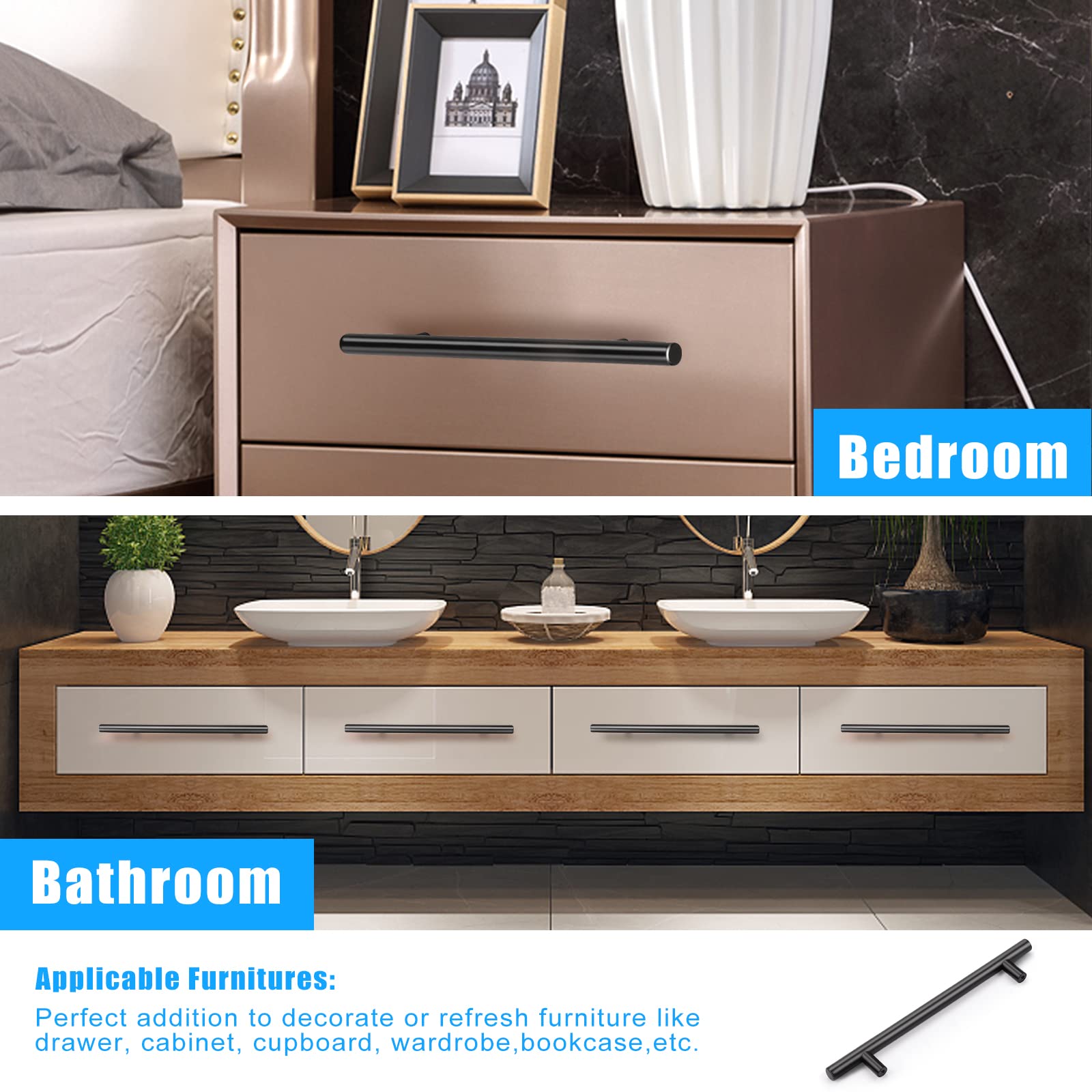 KNOBWELL 20 Pack 6.3 Inch Matte Black Cabinet Handles - Modern Kitchen & Dresser Drawer Pulls - 8.8 Inch Overall Length - Perfect for Cabinets, Cupboards, Furniture & DIY Home Renovation Projects
