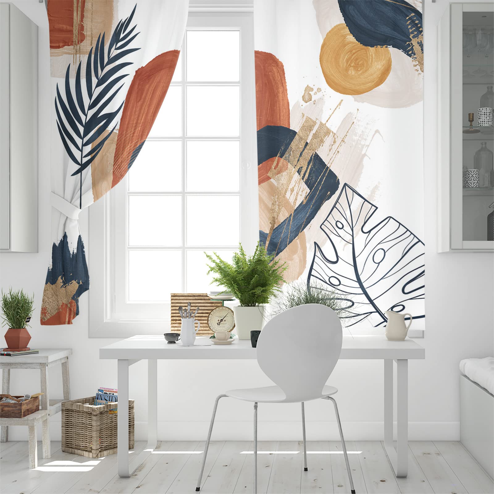 Mid Century Modern Curtains - Boho Abstract Palm Leaves Geometric Blackout Curtains for Living Room & Bedroom (2 Panels, 52x96 Inches) - Thermal Insulated Room Darkening Drapes for Home Decor, Privacy & Sun Protection