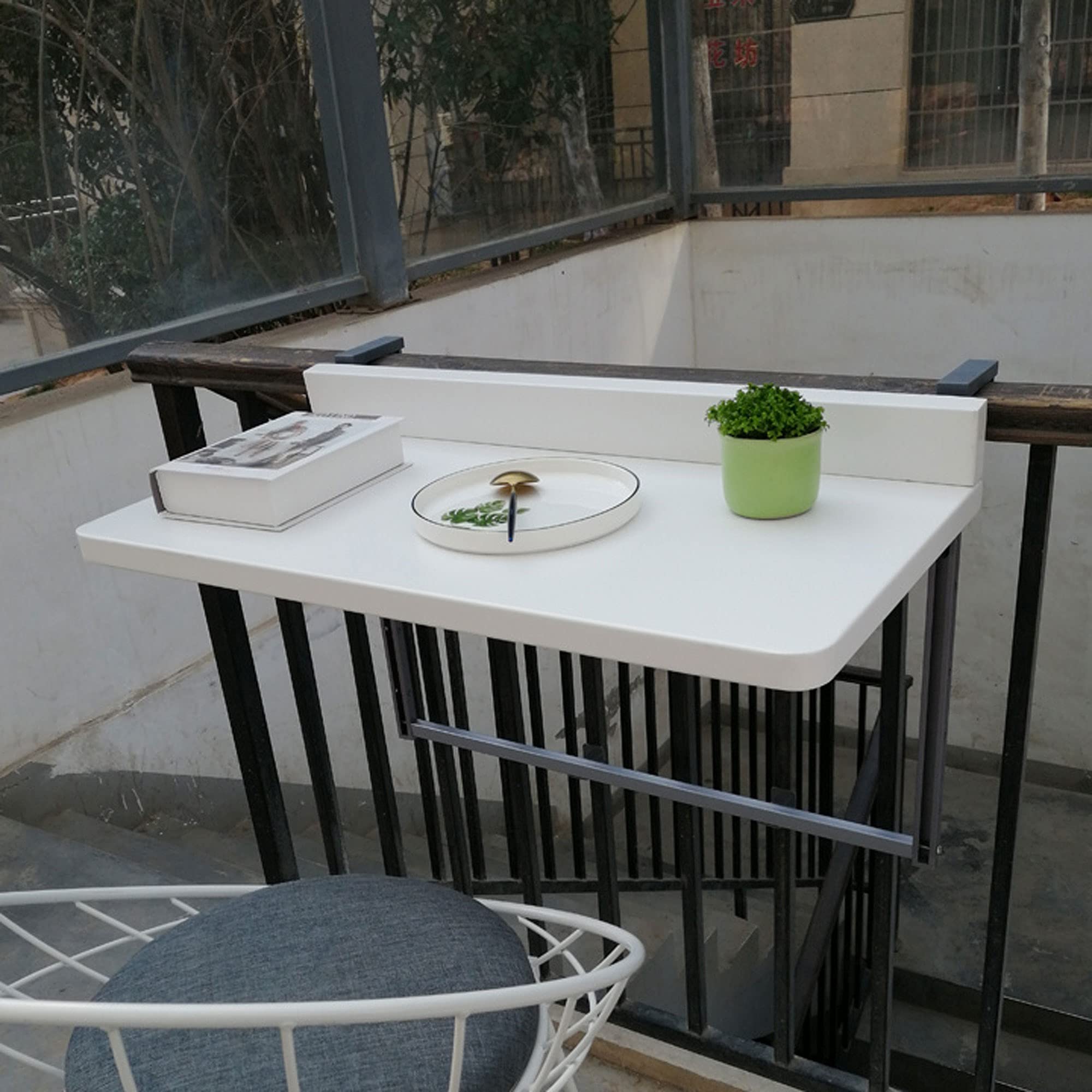 Foldable Hanging Table for Balcony, Patio & Garden - Adjustable 5-Speed White Railing Table (31.5