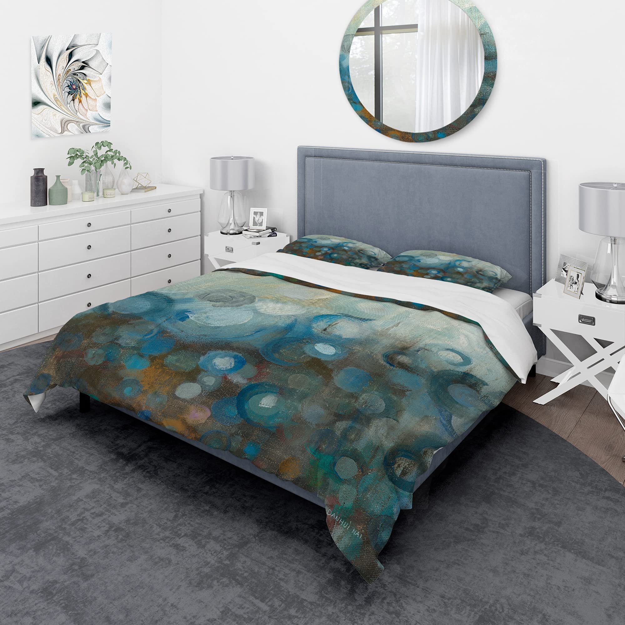 Blue & Bronze Dots Glass Duvet Cover Set King - Modern Abstract Bedding for All Seasons