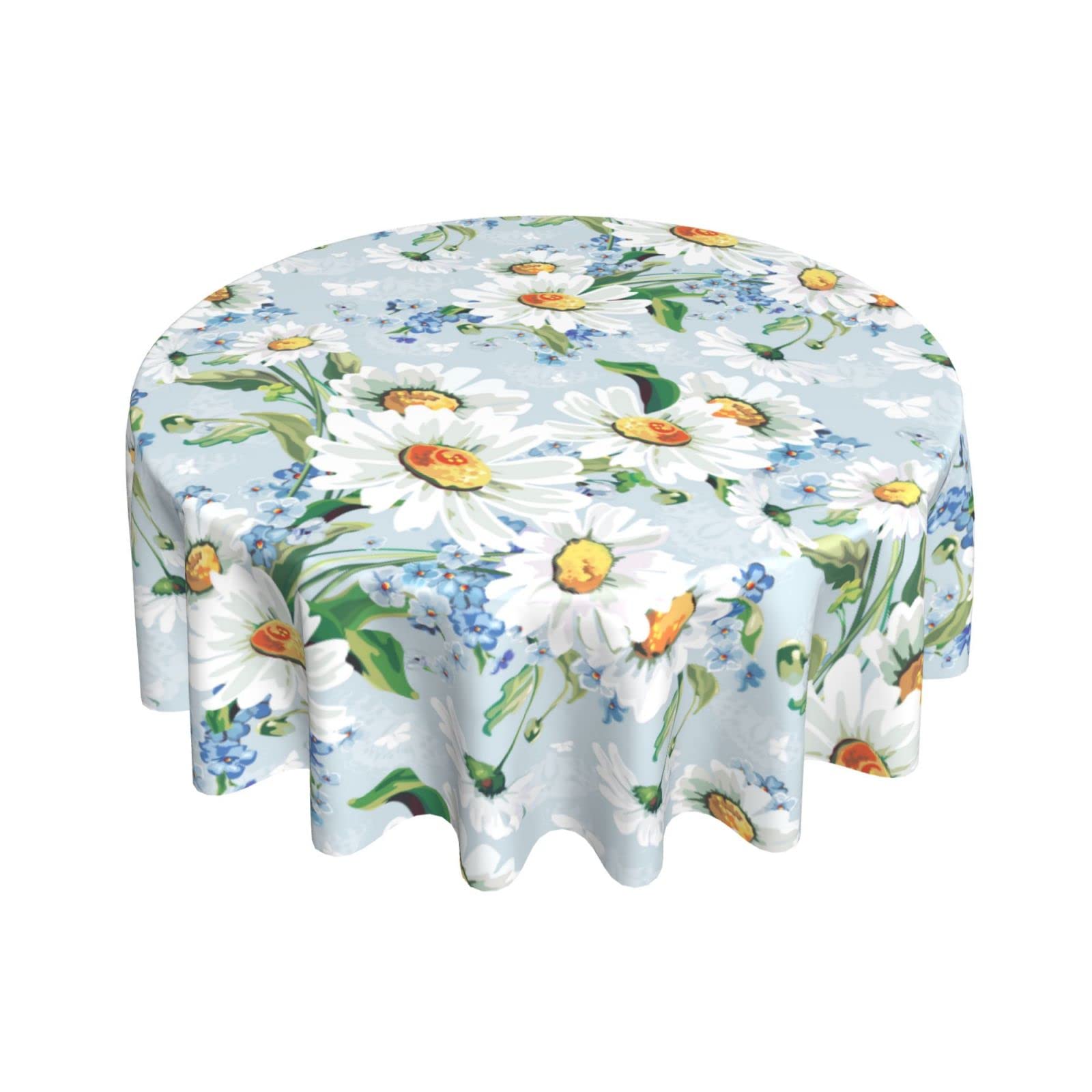 White Blue Daisy Floral Tablecloth with Butterfly Print - Waterproof Round Polyester Table Cover 60 Inch for Kitchen Dining Wedding Party - Spring Decor for Indoor & Outdoor Use