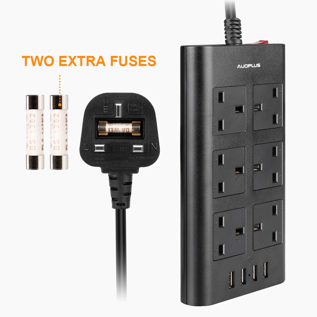 AUOPLUS 6 Outlet Surge Protector Power Strip with 4 USB Ports (2.4A Each) - 6ft Extension Cord - Multi Plug Charger for Phone, Tablet, Laptop - Home & Office Use - Black | Perfect for Workstations, Bedrooms & Entertainment Centers