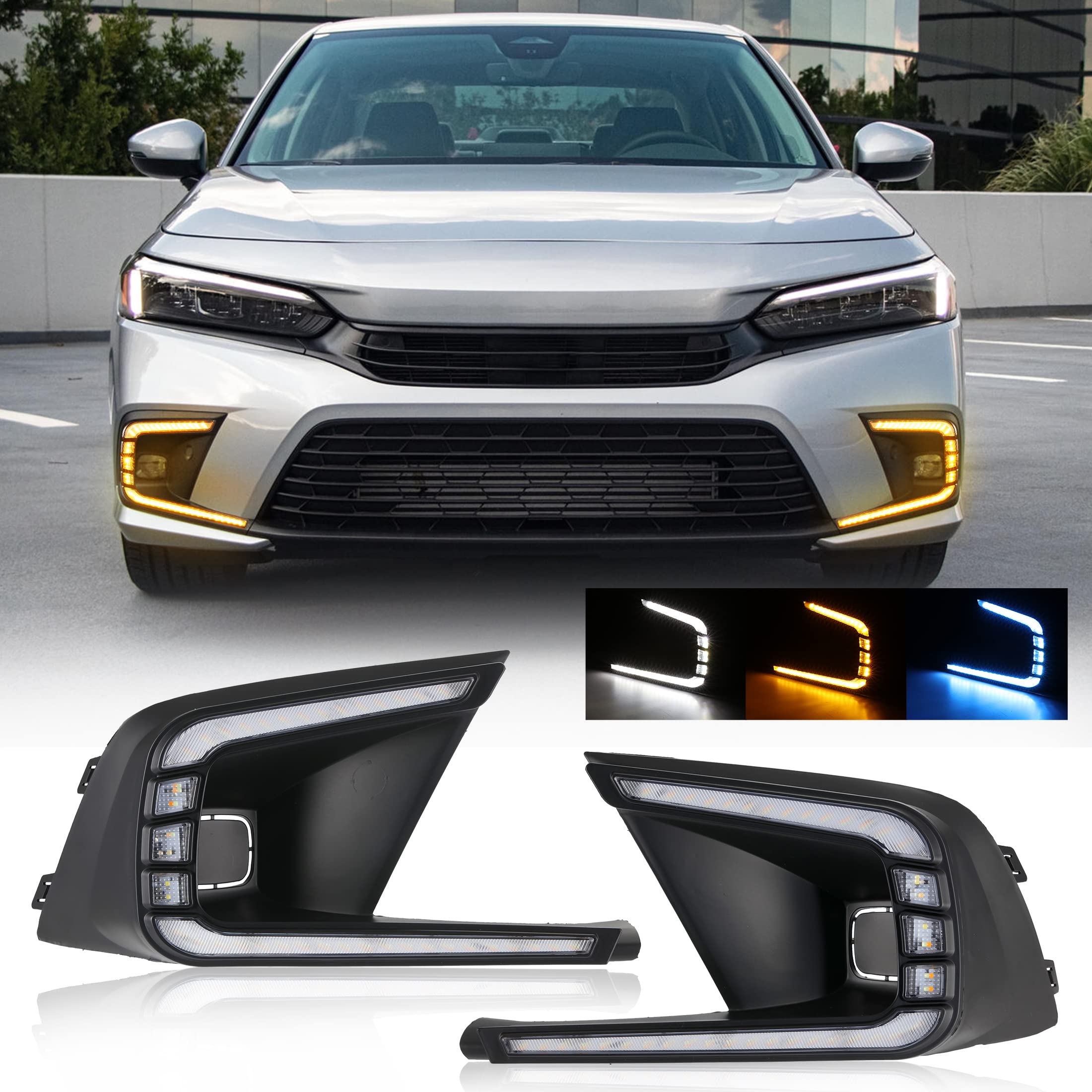 AUXMART LED Daytime Running Lights (DRL) for Honda Civic 2021-2022 - Tri-Color Fog Lights with Turn Signal Function, Bezel & Wiring Harness | Upgrade Your Civic's Style & Safety for Day/Night Driving