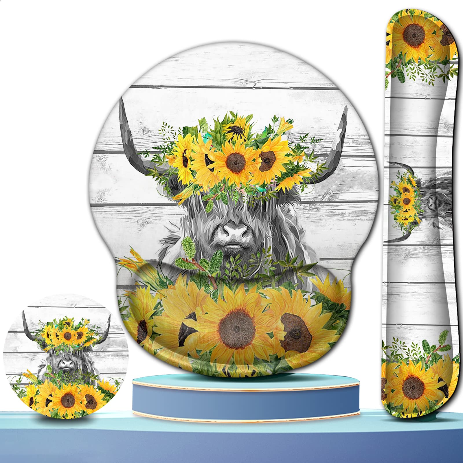 Ergonomic Wireless Mouse Pad with Wrist Support - Soft Memory Foam Keyboard Wrist Rest Pad Set for Office, Typing & Gaming - Cute Highland Cow & Sunflower Design (White) - Perfect for Home Office, Computer Workstations & Long Gaming Sessions