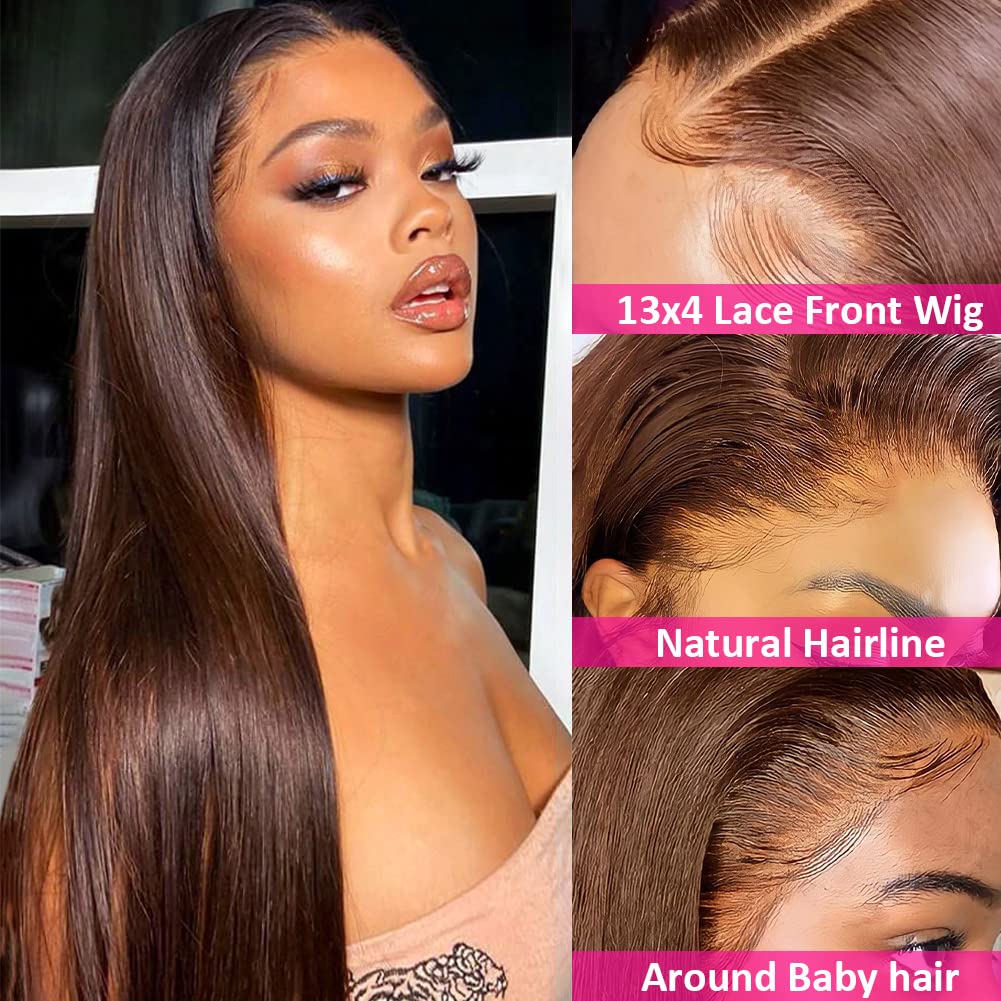 13x4 Brown Lace Front Wigs Human Hair with Baby Hair - 180% Density Straight Lace Frontal Wig - Pre Plucked Hairline - 4# Brown Color - 28 Inch - Perfect for Daily Wear, Cosplay & Special Occasions