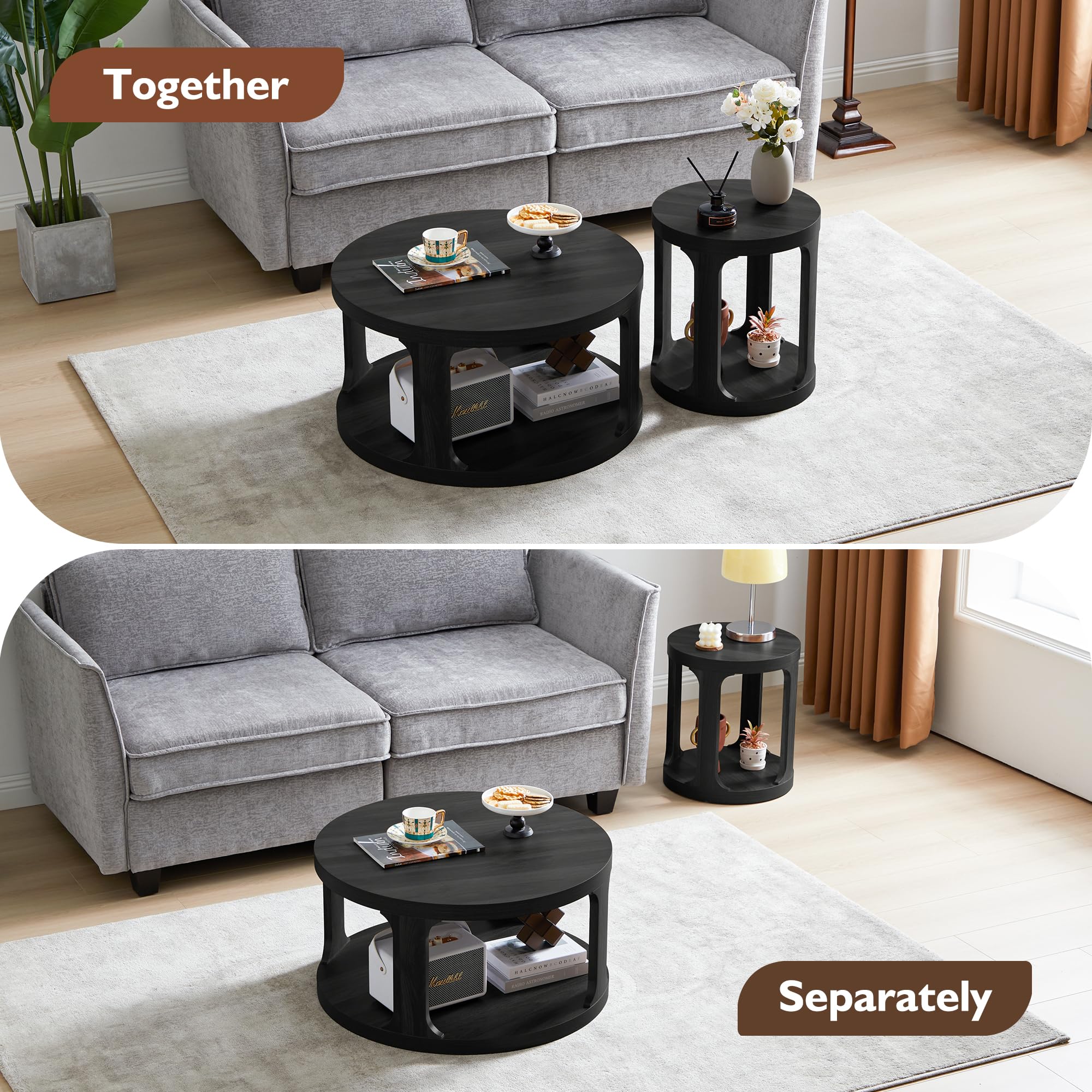 2-Piece Round Coffee Table and End Table Set with 2-Tier Storage - Modern Accent Side Tables for Living Room, Bedroom or Office (Black) - Perfect for Small Spaces & Home Decor