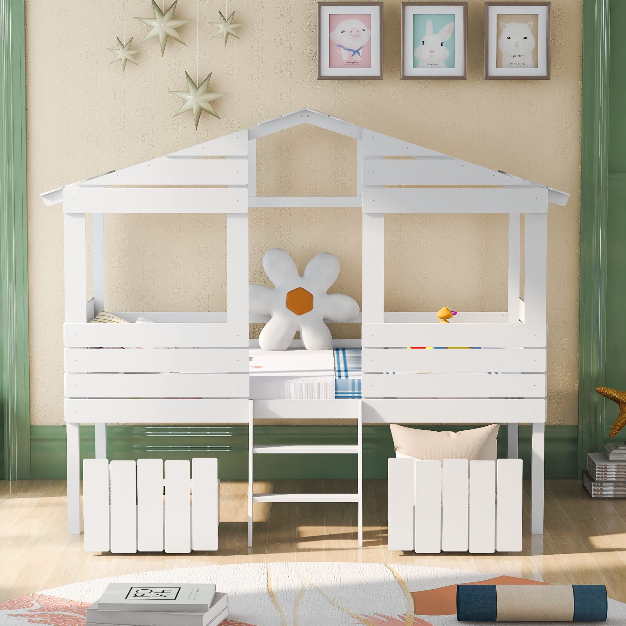 **White Twin Size Wood Loft Bed for Kids - House Design with Roof, Windows, 2 Drawers & Fence-Shaped Guardrails - Perfect for Boys & Girls Bedrooms, Playrooms & Small Spaces**