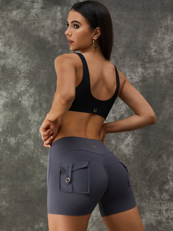 ZASUWA Women's High Waist Scrunch Butt Shorts Tracksuit Set with Pockets & Deep U-Neck - Gym Workout, Yoga, Running, Casual Streetwear