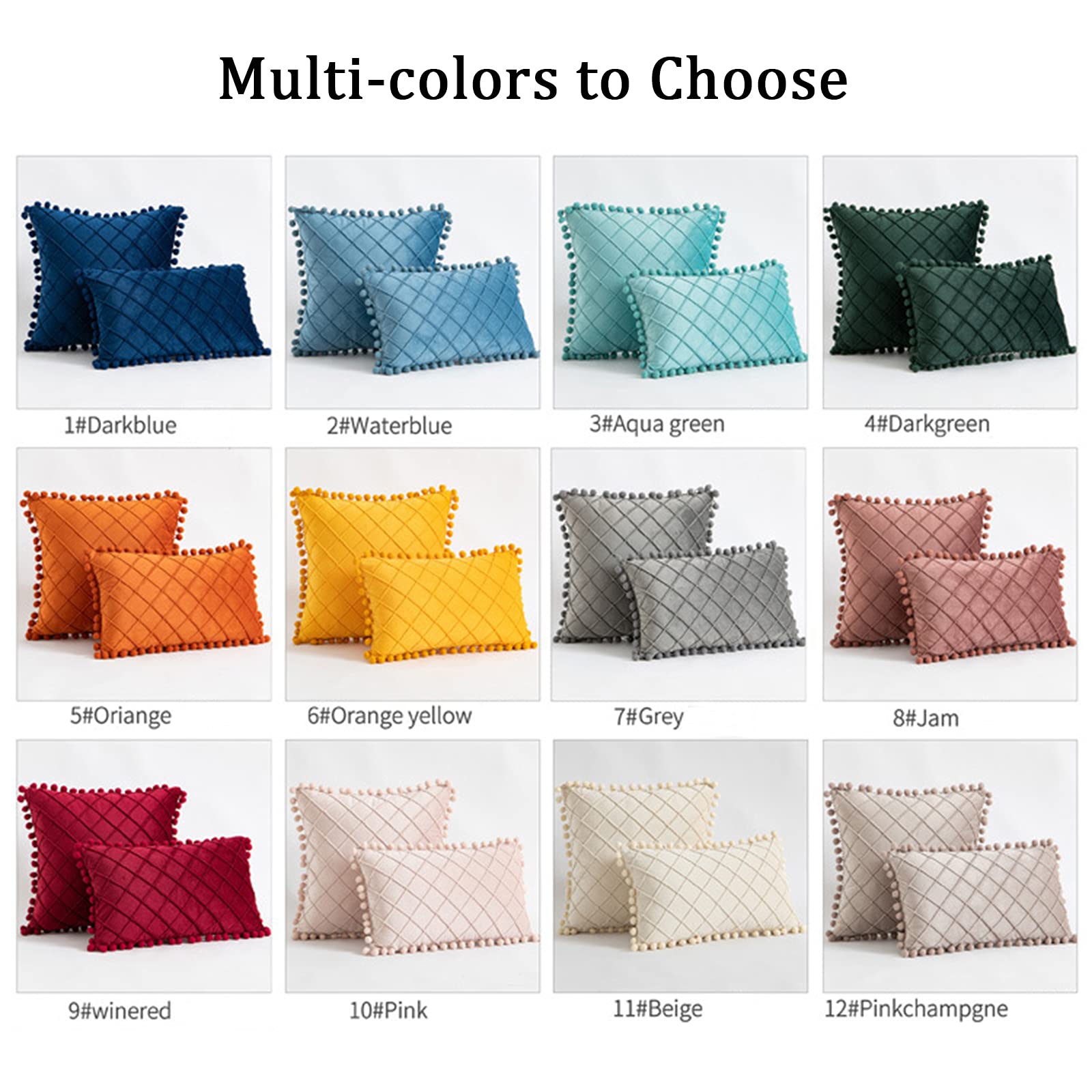 Soft Velvet Throw Pillow Covers Set of 2 - 12x20 Inch Decorative Square Plaid Cushion Covers with Pom Poms (Blue) for Living Room, Bedroom & Sofa Decor