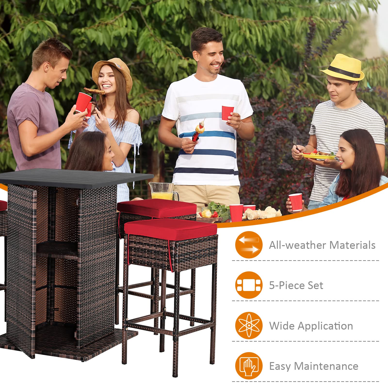 Tangkula 5-Piece Outdoor Rattan Bar Set with 4 Cushioned Stools & Storage Table - Patio Furniture for Poolside, Backyard, Lawn, Garden - Weather-Resistant Red Wicker Bistro Set for Entertaining & Relaxation