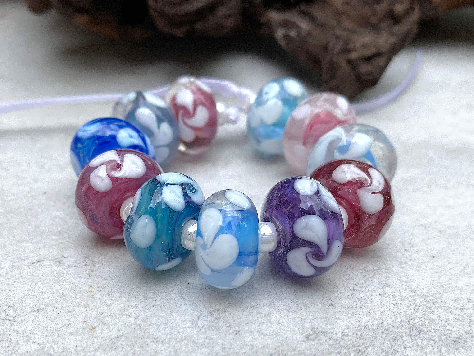 11 Handmade Pastel Floral Lampwork Glass Beads Set - Perfect for Jewelry Making, DIY Crafts, and Gift Giving