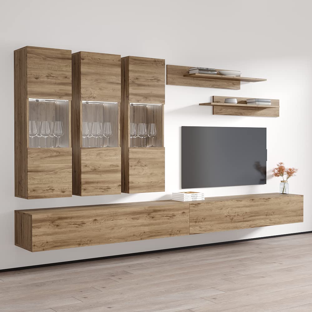 Modern Oak Floating TV Stand with Storage & LED Lights - Wall-Mounted Entertainment Center for Living Room & Bedroom - Space-Saving Media Console with Shelves - Perfect for Small Apartments & Home Theaters