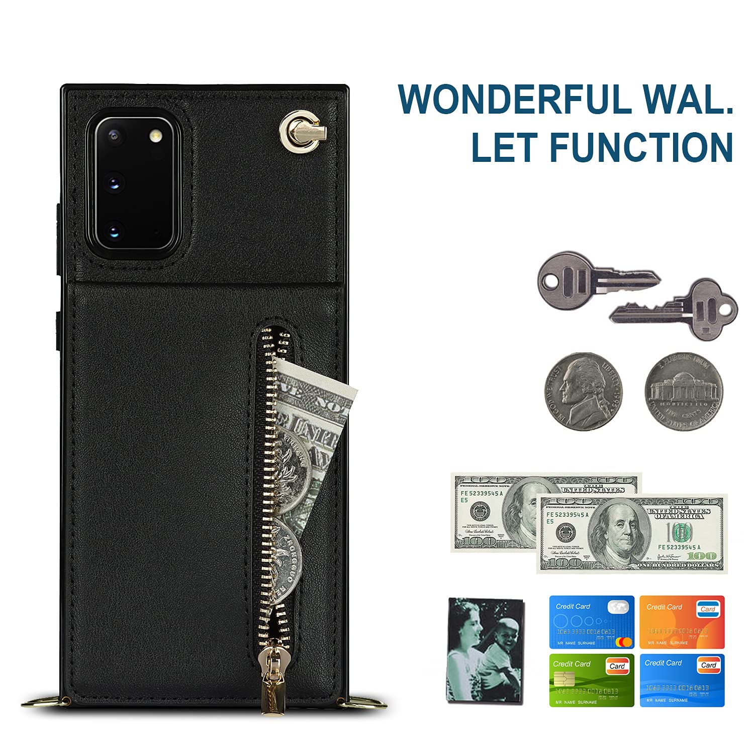 Samsung Galaxy S20 FE Wallet Case with Card Holder & Removable Crossbody Strap - Zipper Phone Case in Black | Perfect for Travel, Shopping & Everyday Use