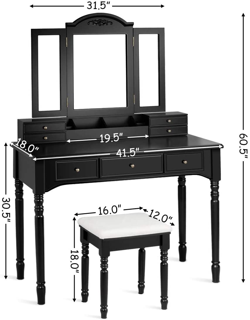 Byroce Vanity Table Set with Large Tri-Folding Mirrors, Makeup Dressing Table with 7 Drawers, 6 Desktop Organizers & 8 Necklace Hooks - Includes Cushioned Stool & Removable Top in White, Black or Brown (BC-HW66046) - Perfect for Bedroom, Dressing Room & Beauty Salon Organization