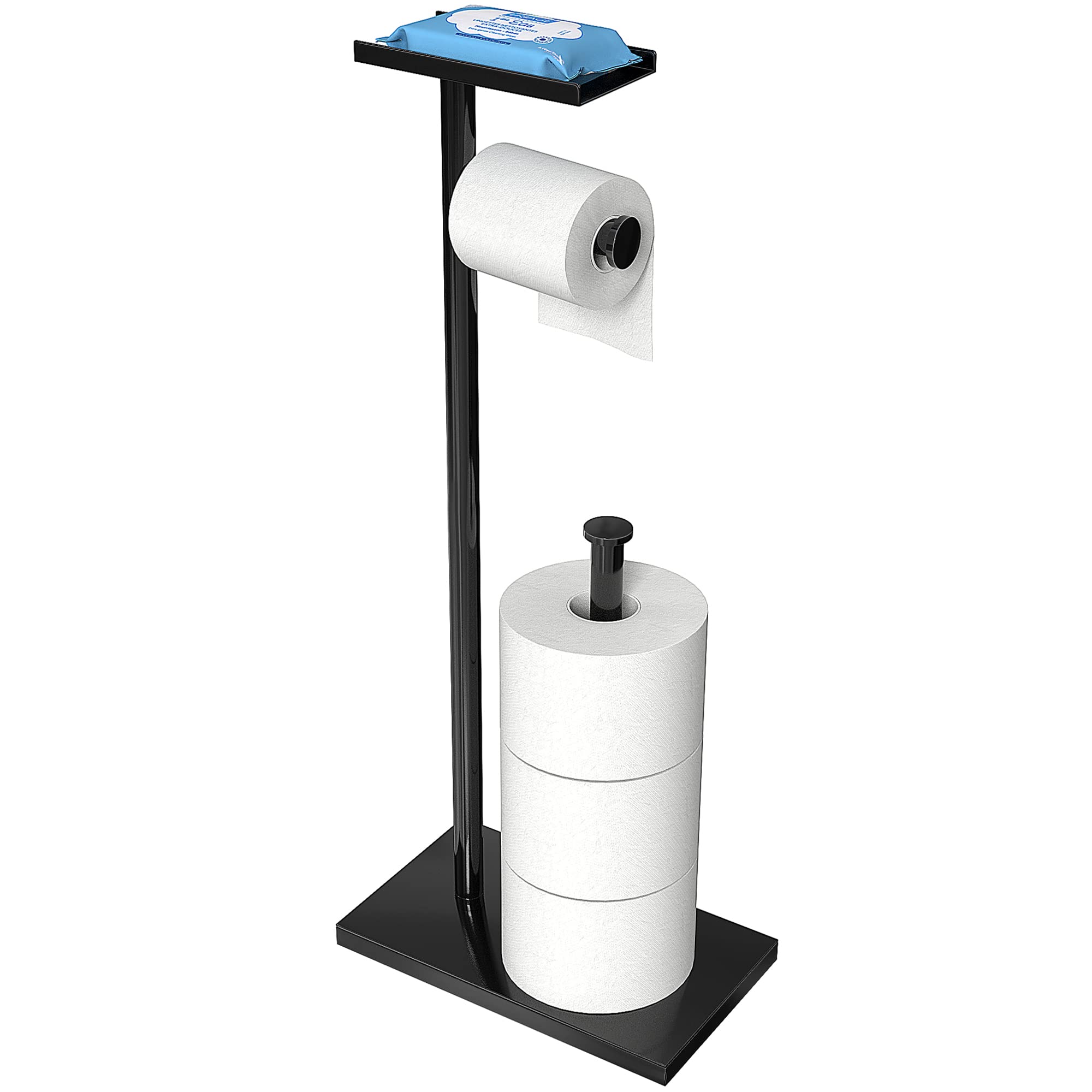 CISILY Black Free Standing Toilet Paper Holder with Phone Shelf - Bathroom Tissue Roll Storage Stand for RV, Apartment, Restroom - Modern Home Decor & Essential Accessories - Perfect for Small Spaces, Guest Bathrooms, and Mobile Living