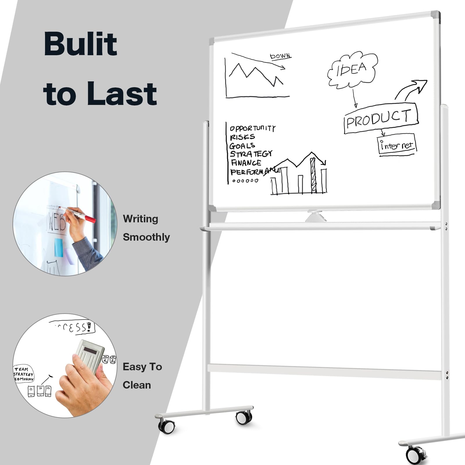 43x31 Large Portable Magnetic Whiteboard - Double-Sided Dry Erase Rolling Whiteboard with Wheels | Mobile Standing Whiteboard for Home, Office & School | Perfect for Presentations, Brainstorming & Classroom Teaching