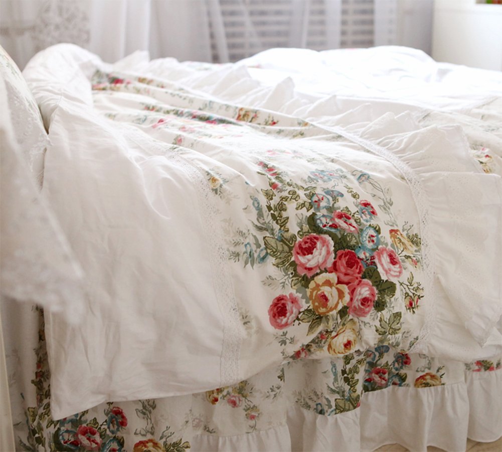 100% Cotton White Duvet Cover Set with Ruffle Frill & Flower Design - 4pc Queen Size Bedding for Master Bedroom & Guest Room Decor