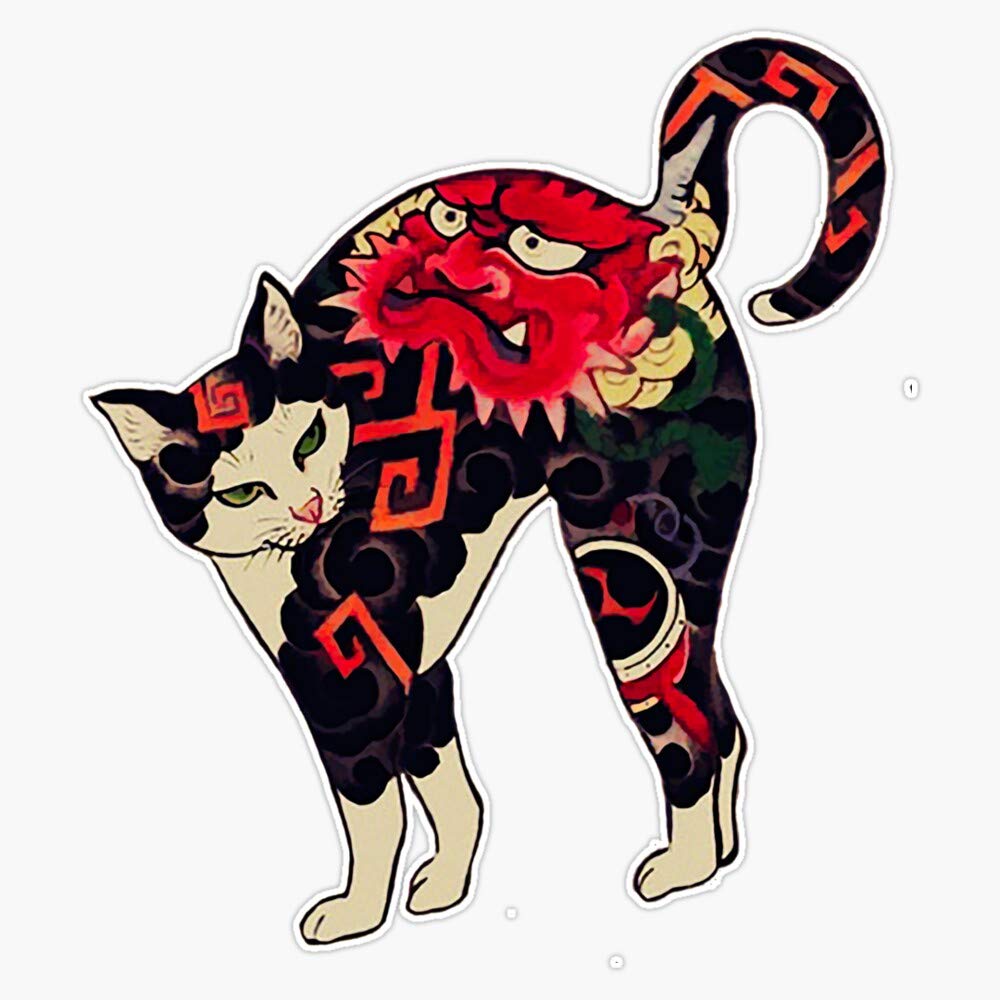 Vintage Japanese Woodblock Print Cat with Floral Tattoos Sticker - Waterproof Vinyl Decal for Windows, Cars, Laptops & DIY Crafts (5 Inch) - Perfect for Home Decor, Scrapbooking & Gift Wrapping