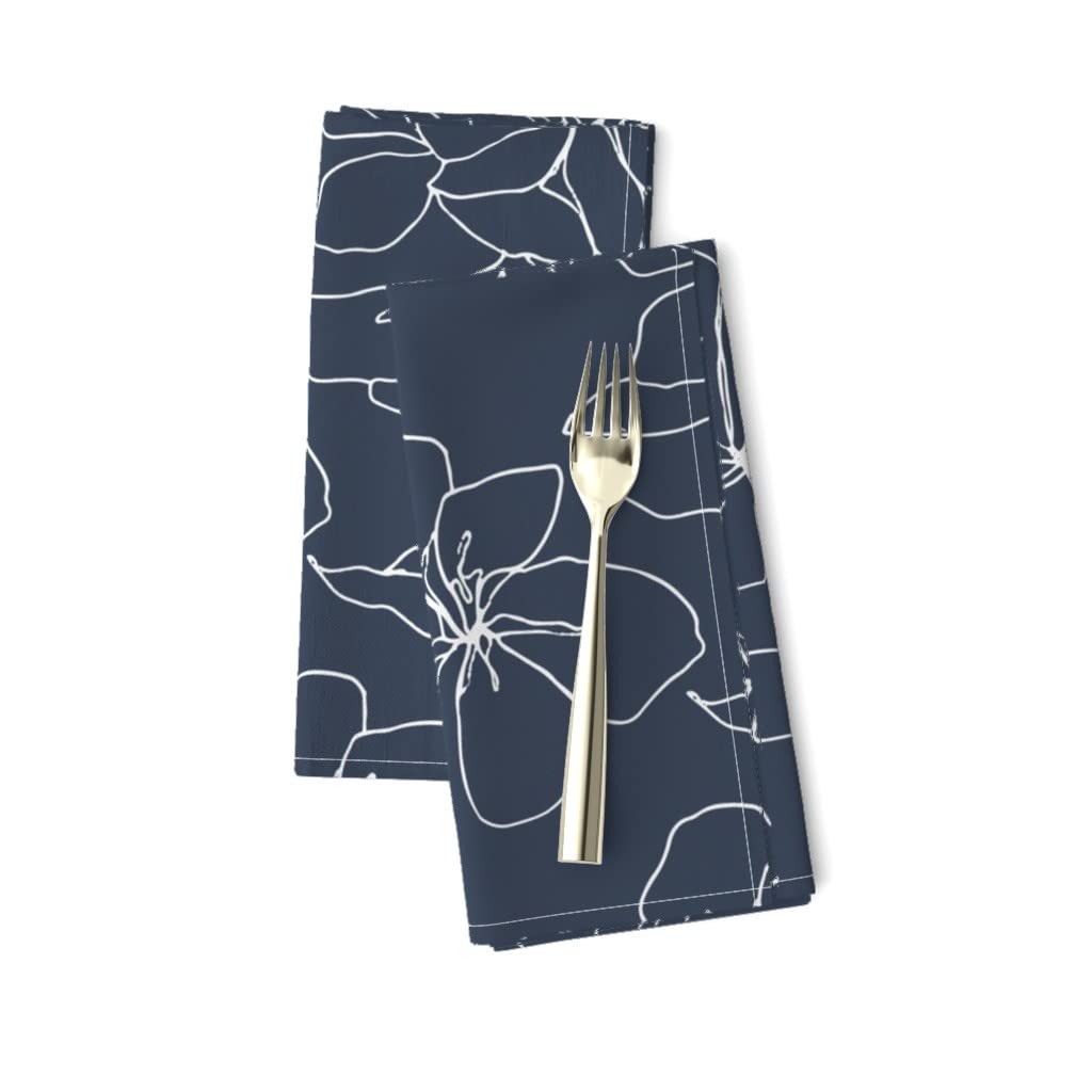 Premium Linen Cotton Canvas Dinner Napkins Set of 2 - Blue Navy Floral Botanical Print for Elegant Dining, Wedding, Baby Shower & Home Decor