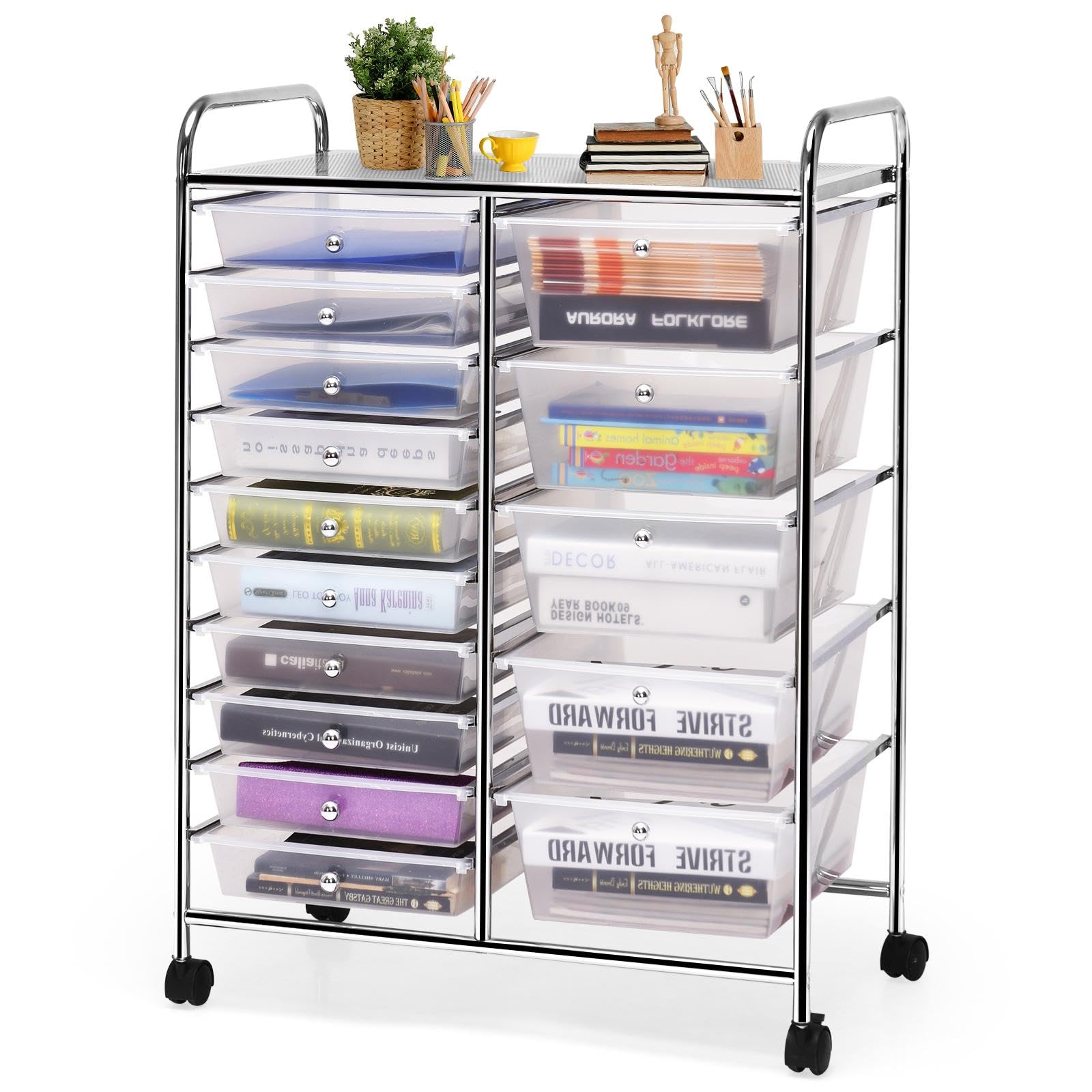 15-Drawer Rolling Cart with Removable Bins - Heavy Duty Steel Frame Storage Organizer with Lockable Wheels - Perfect for Home, School, Office & Workshop Organization