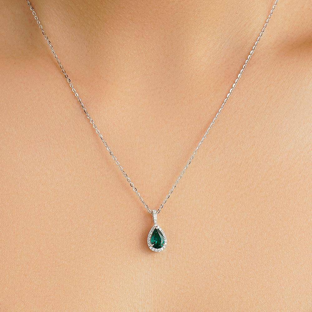 1 CT. Pear Shaped Emerald Pendant with Pavé Diamond Halo - Elegant Green Gemstone Jewelry for Women, Perfect for Weddings, Anniversaries & Special Occasions