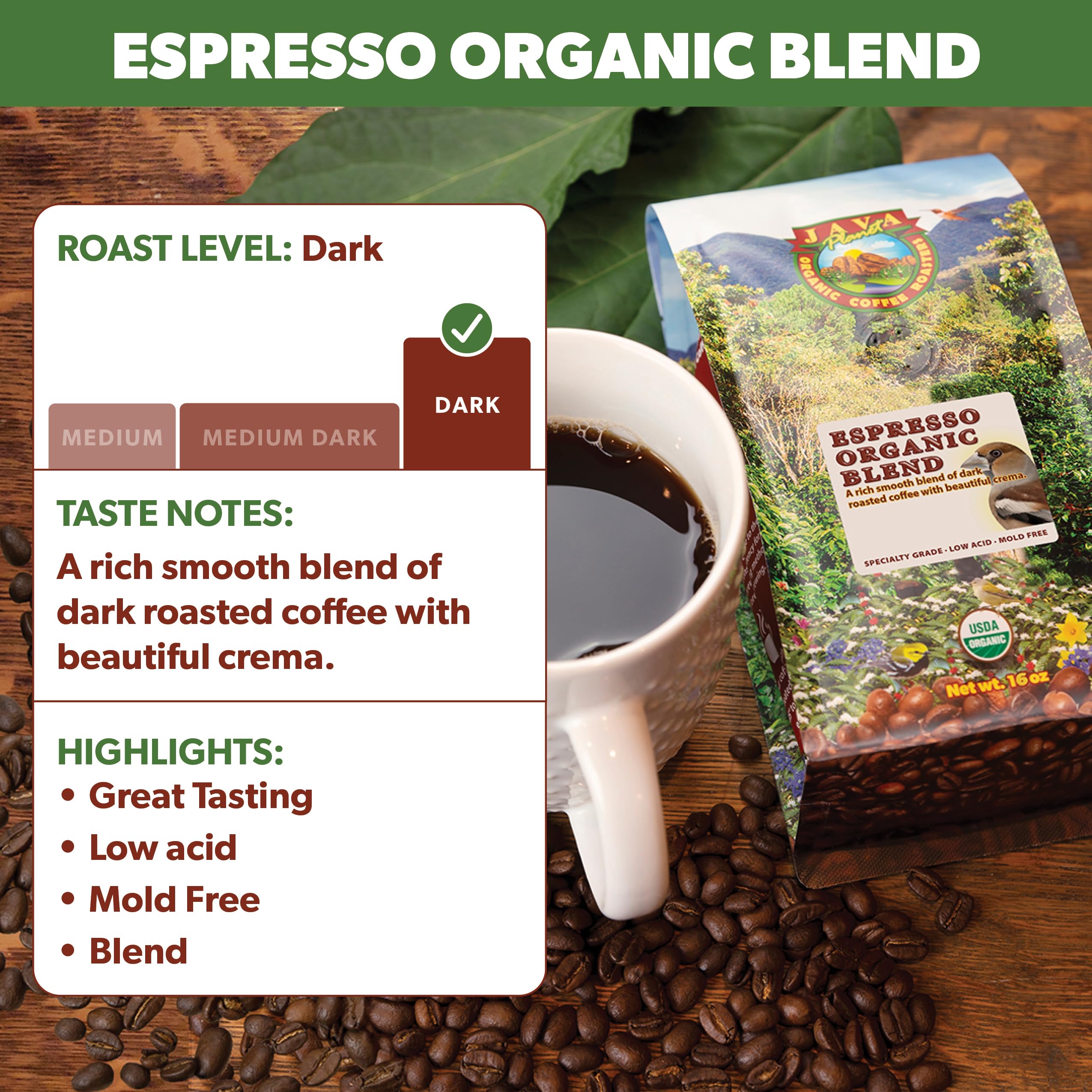 Organic Espresso Blend Coffee Beans - Smooth Full Flavor, Low Acid, Whole Bean, 5LB Bag by Java Planet - Perfect for Home Brewing & Cafes