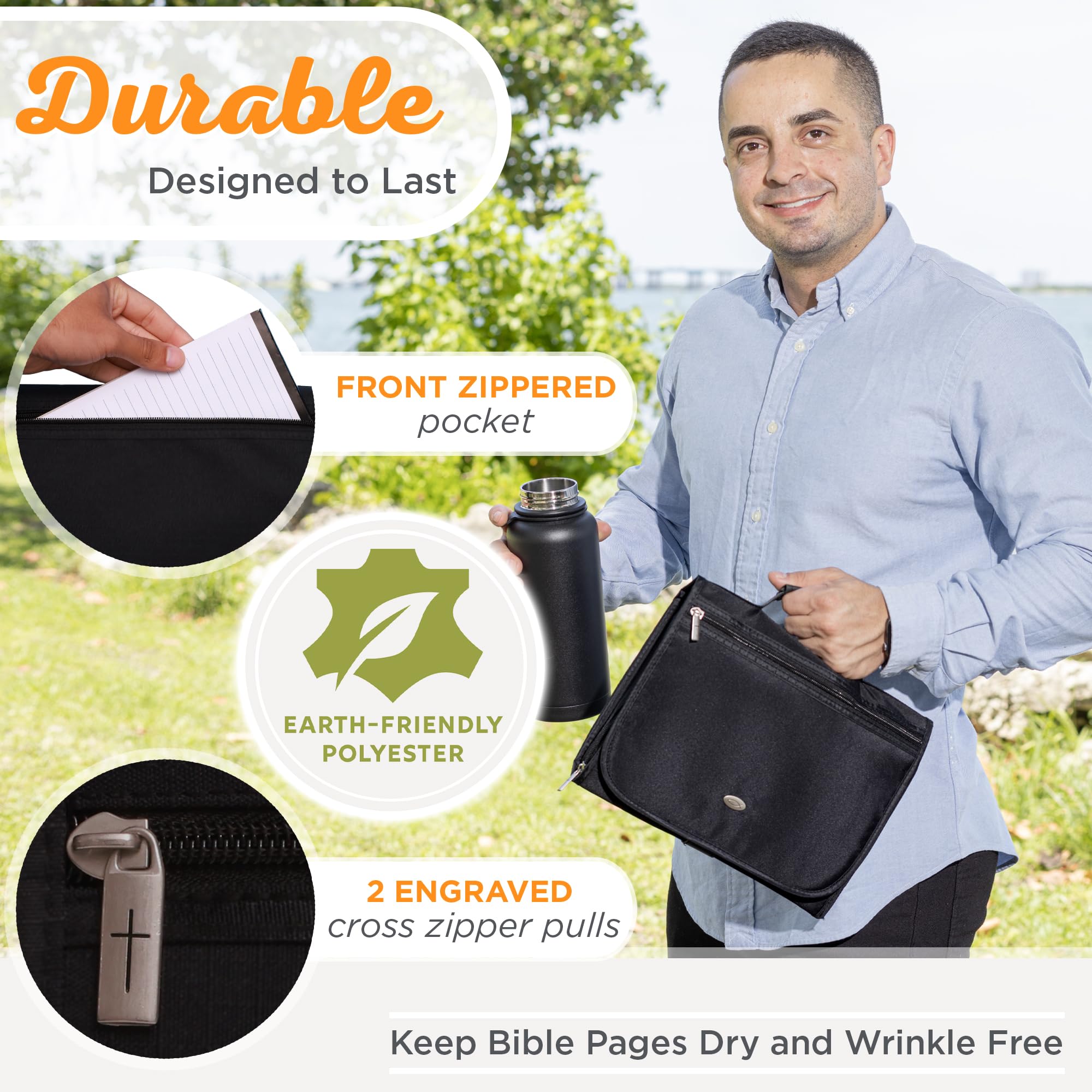 Christian Bible Cover for Men & Women - Black Microfiber Tri-Fold Organizer with Jesus Fish Emblem | Large Zippered Case for Bible Study, Church & Travel