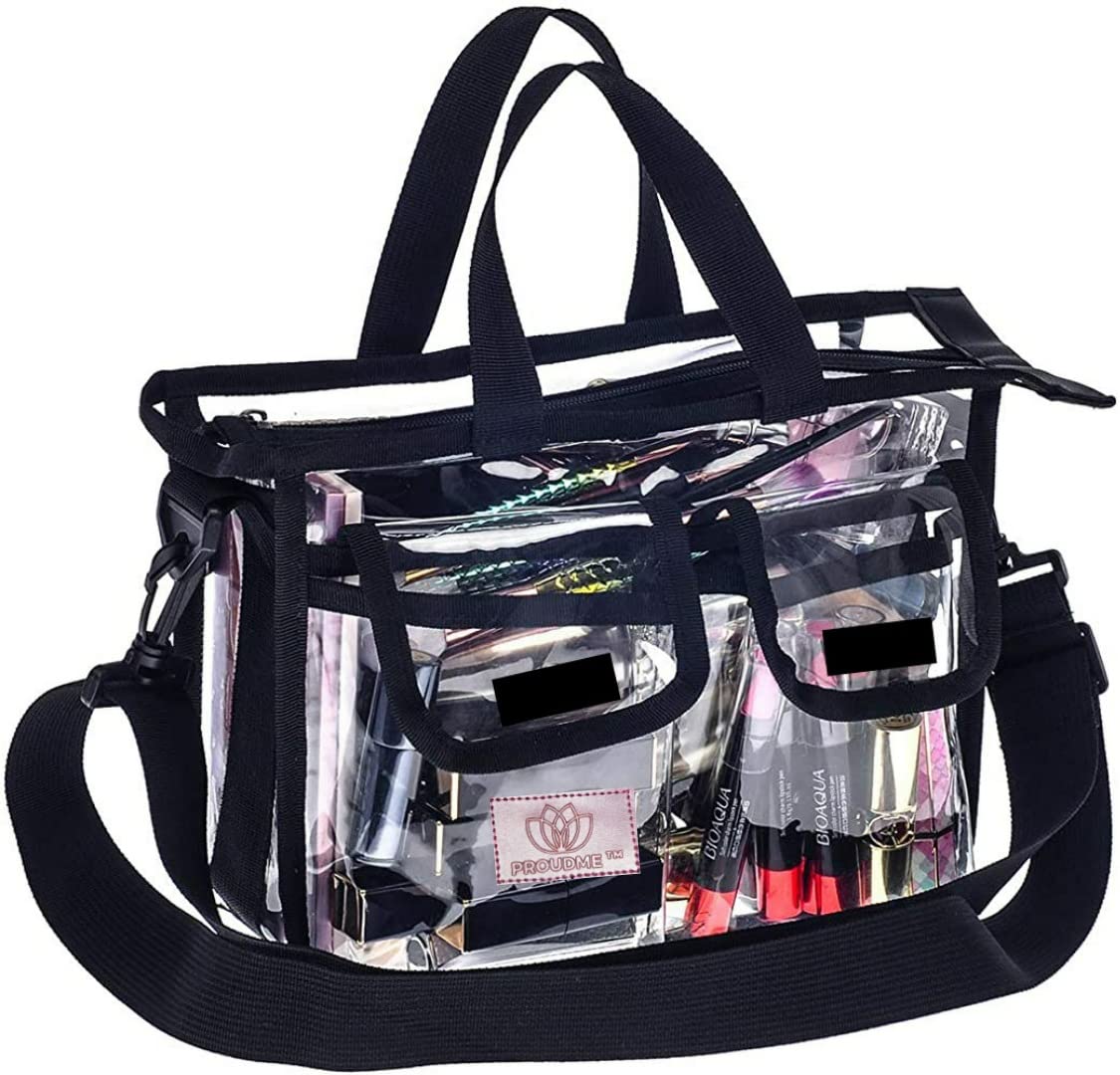 PROUDME Women's Small Clear PVC Makeup Bag - Transparent Cosmetic Organizer for Travel & Storage - Removable Shoulder Strap (27x20x10cm) - Perfect for Makeup Artists, Travel Essentials & Daily Beauty Organization - Black