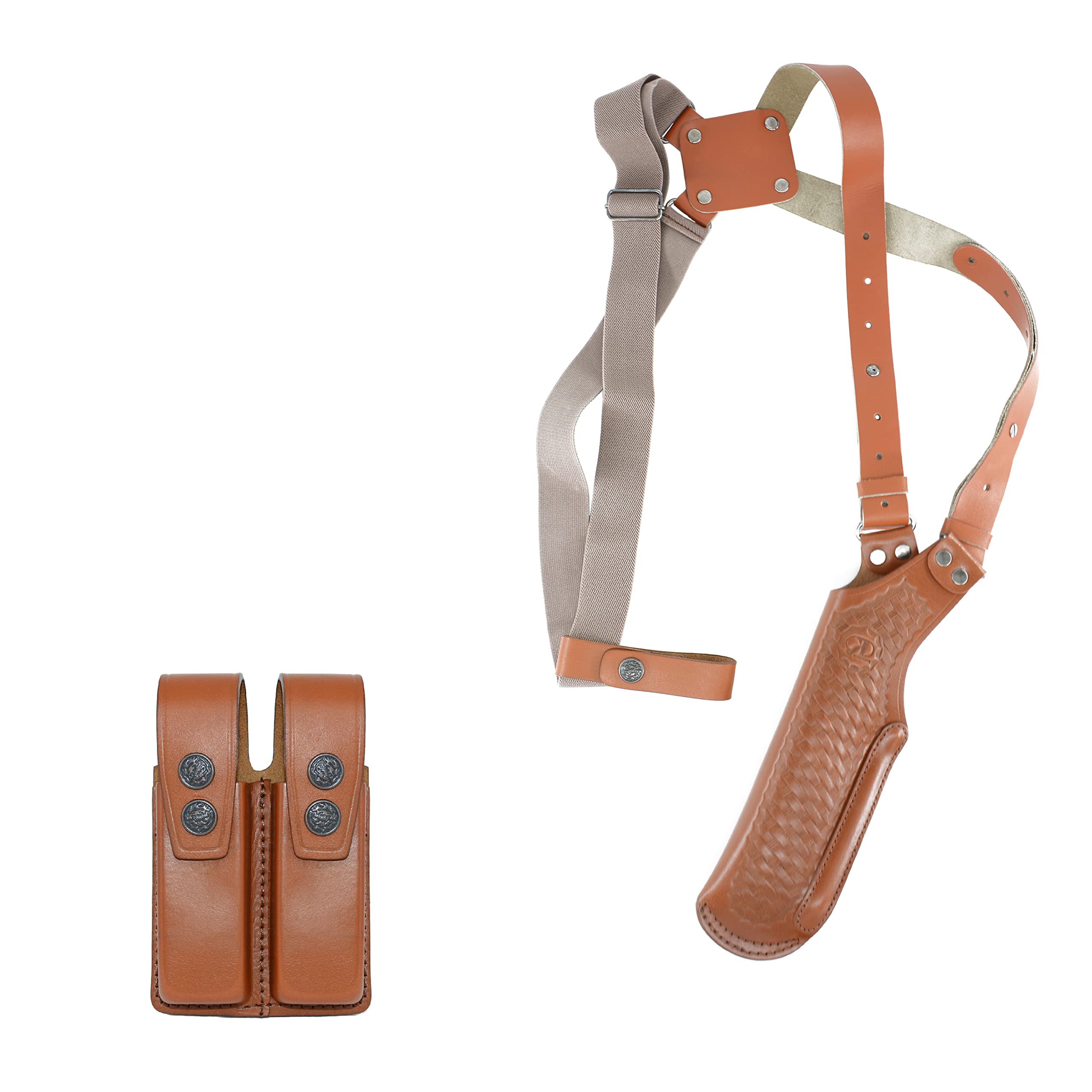 Handmade Basketweave Leather Shoulder Holster for Colt 1911 with Double Magazine Pouch - Concealed Carry, Tactical Use & Outdoor Shooting Accessories