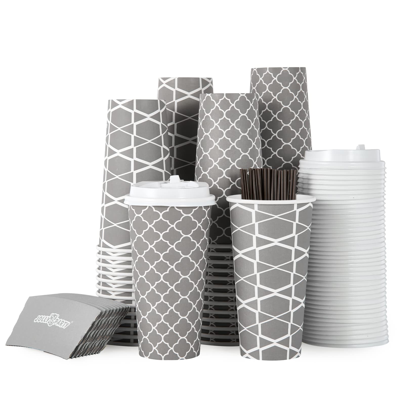 100 Sets 20 oz Disposable Paper Coffee Cups with Lids, Sleeves & Straws - Hot/Cold Beverage Drinking Cups for Coffee, Tea, Water - Perfect for Office, Travel, Cafes, and Takeout