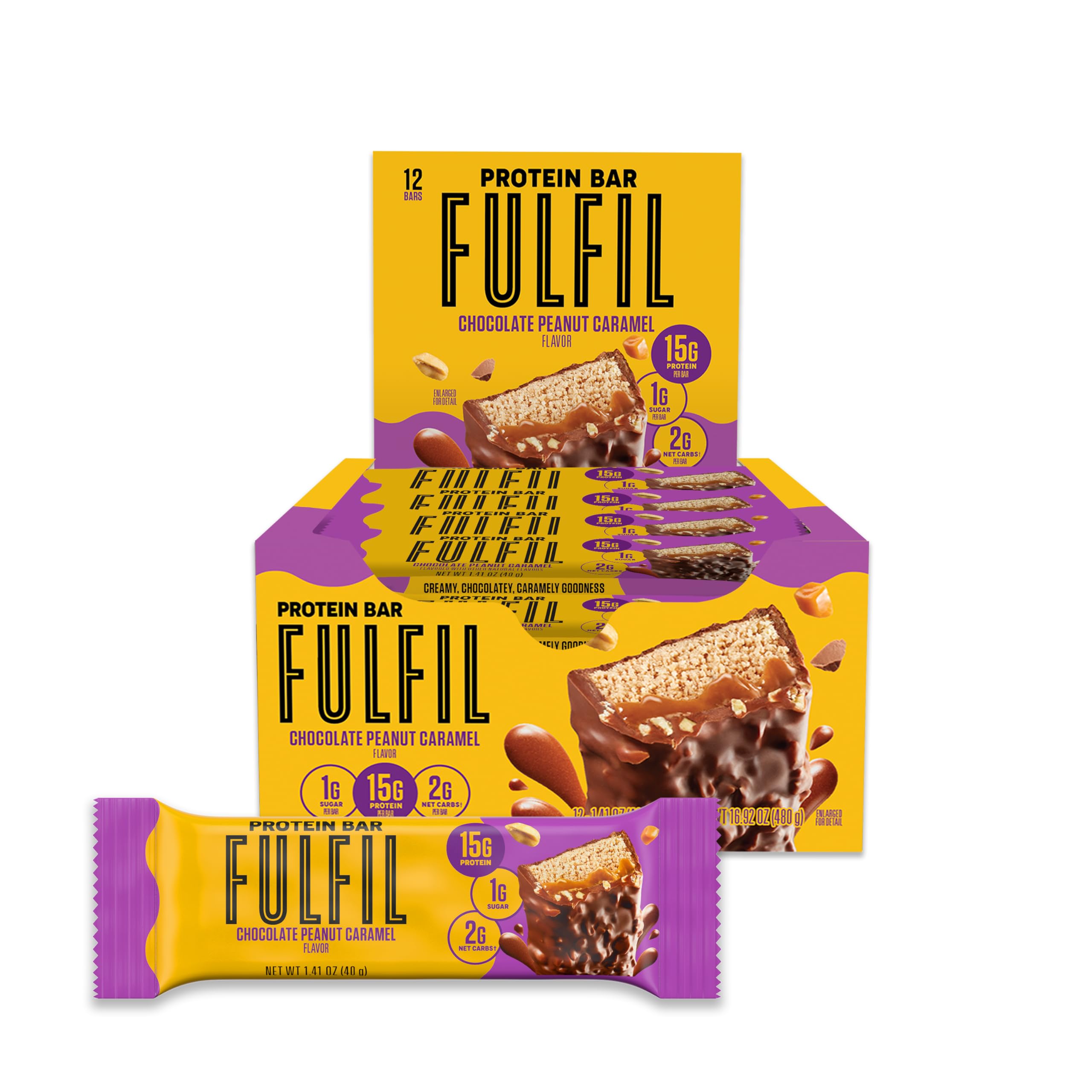 FULFIL High Protein Snack Bars - Chocolate Peanut Caramel Flavor, 15g Protein per Bar, Gluten Free, Keto Friendly (Pack of 12) | Perfect for Workout Recovery, Office Snacks & On-the-Go Energy Boost