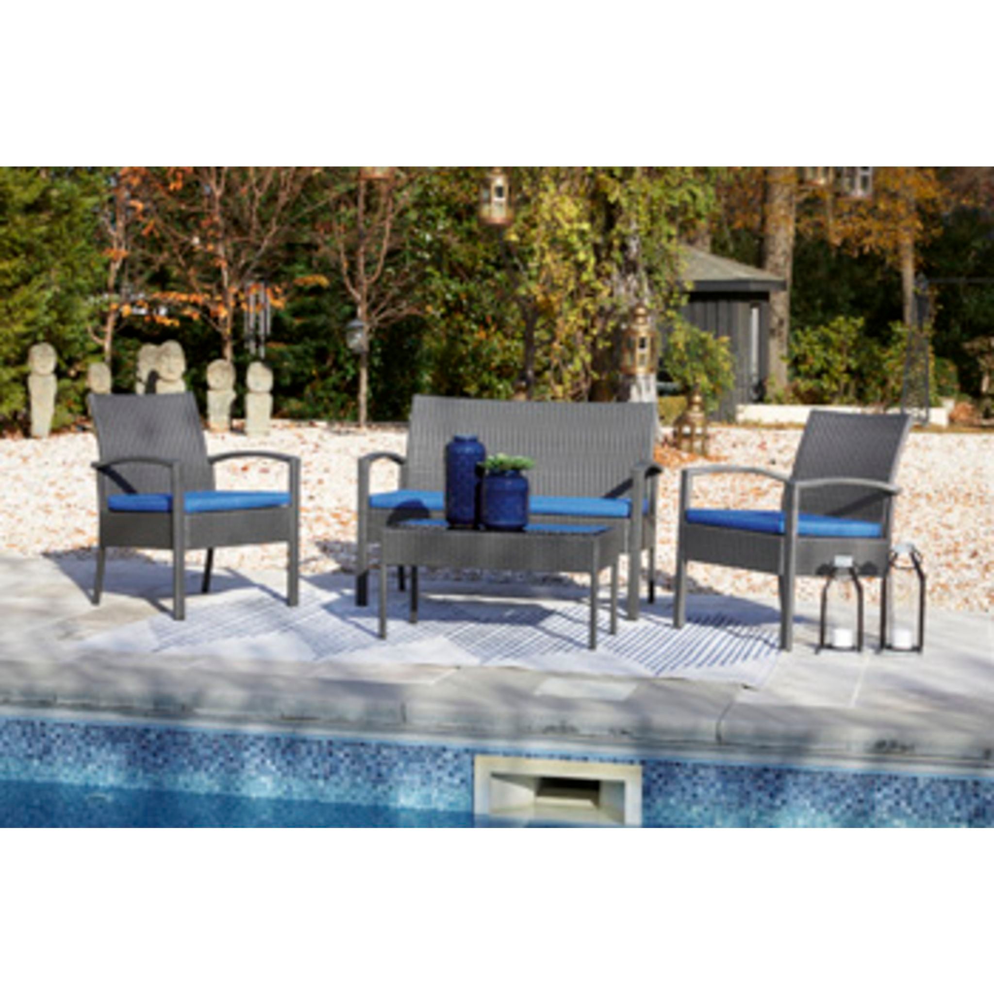 Premium 4-Piece Outdoor Patio Furniture Set - Waterproof Gray & Blue Cushioned Seating for Garden, Poolside, and Backyard Relaxation