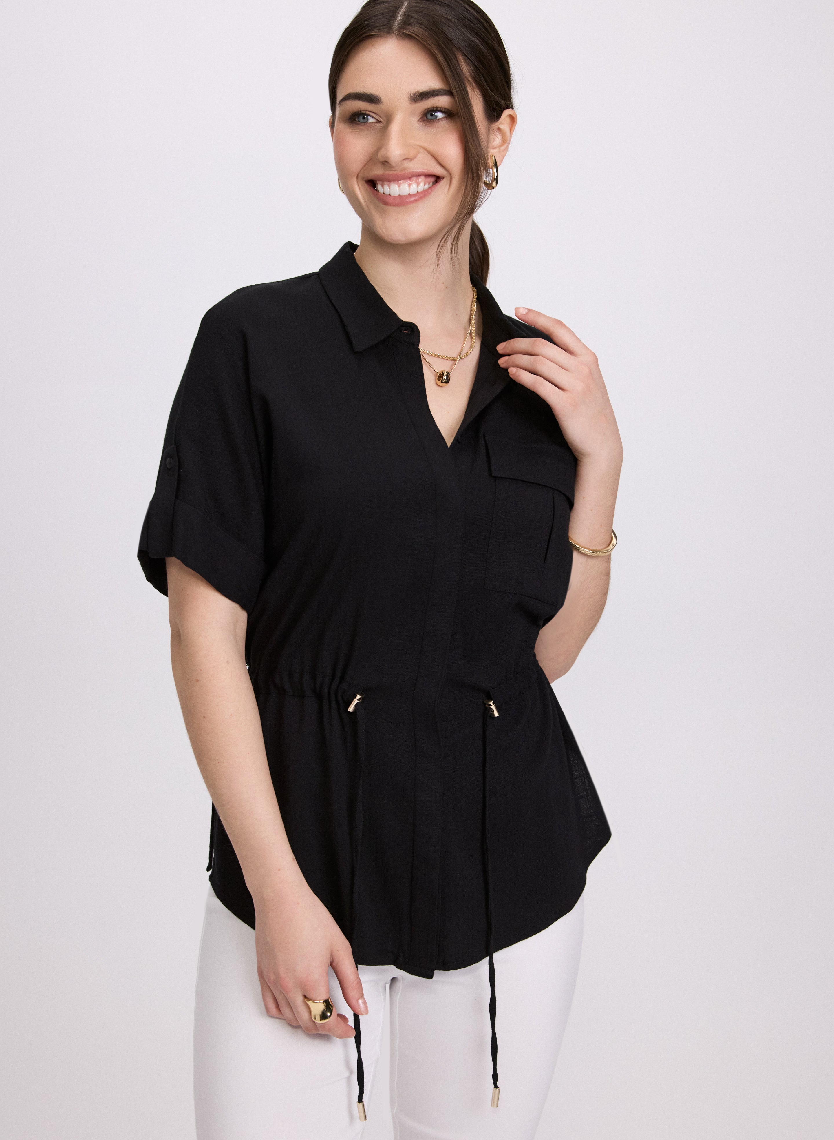 Elegant Drawstring Waist Blouse for Women - Flowy Tunic Top with Adjustable Tie - Perfect for Casual Outings, Office Wear & Summer Dresses