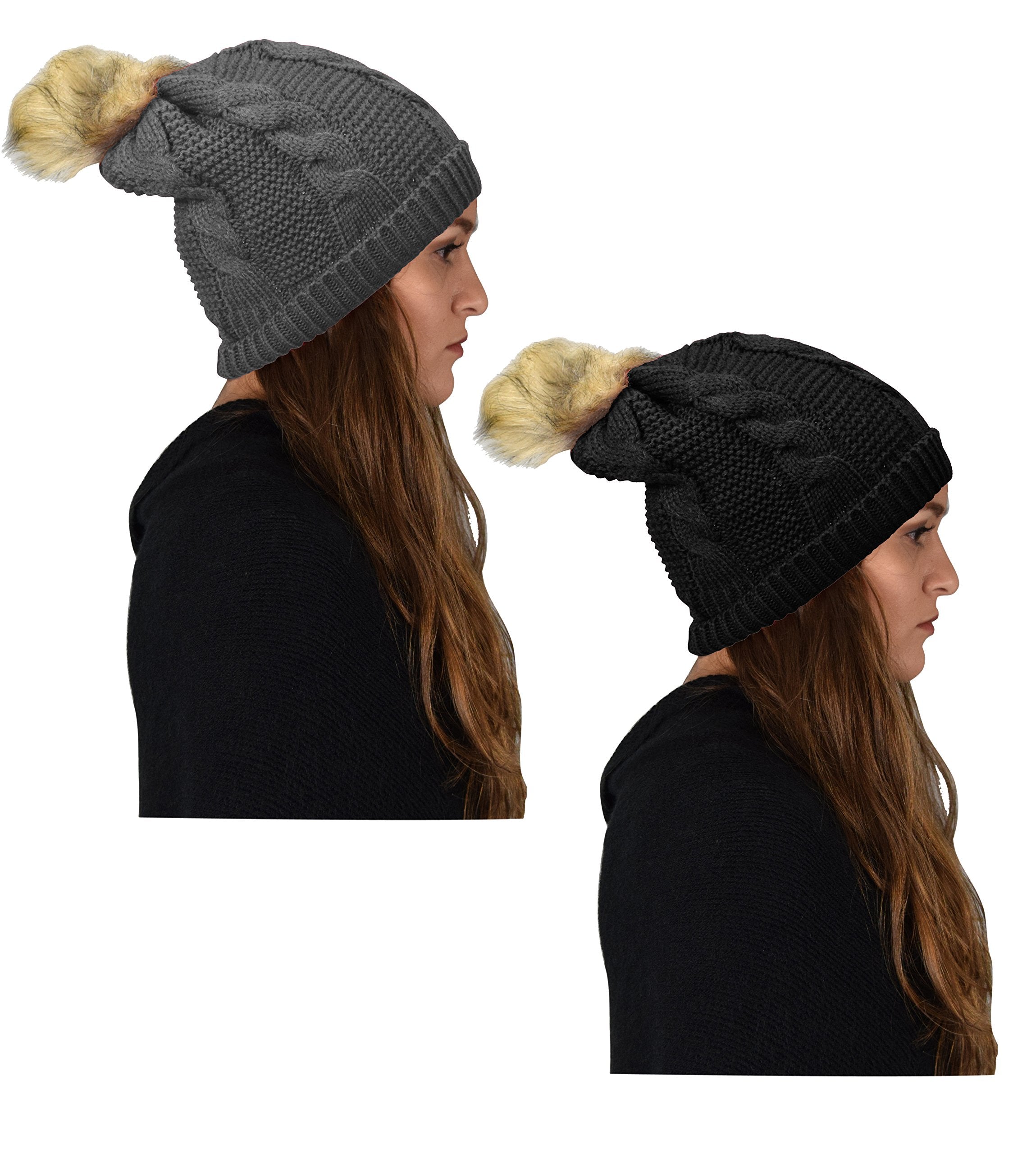 Women's Thick Knit Crochet Fold Over Pom Pom Winter Beanie Hat - Warm & Stylish Knitted Cap for Cold Weather, Snow Days & Outdoor Activities