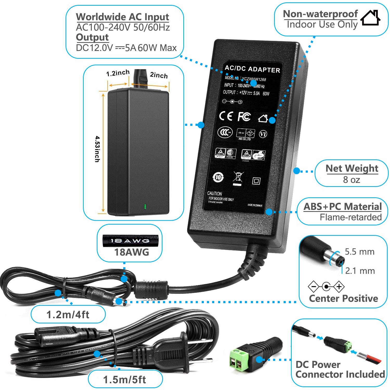 12V 5A 60W Power Adapter, AC 120V to DC 12V Converter with 5.5x2.1mm Jack - Universal Power Supply for LED Strip Lights, CCTV Cameras, Hard Drives, Monitors & More (3-Pack) - Perfect for Home Security, Office Electronics & DIY Lighting Projects