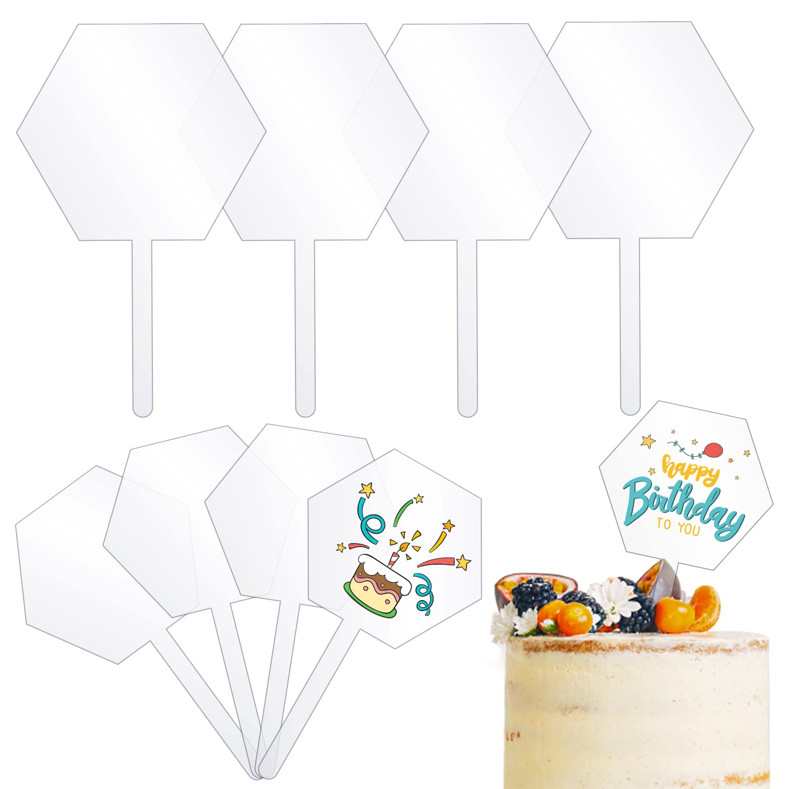 8-Piece Clear Acrylic Hexagon Cake Toppers Set (4x5