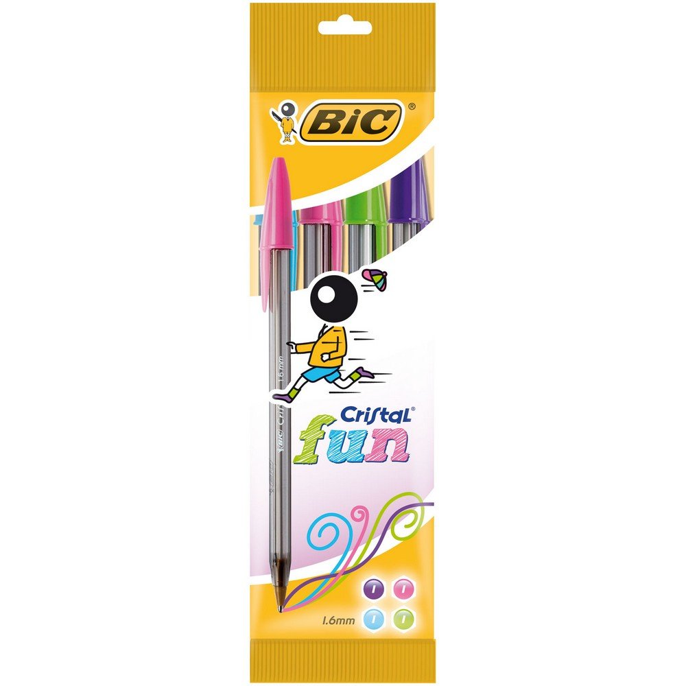 Bic Cristal Fun Ballpoint Pens - 4-Pack Assorted Colors (1.6mm Wide Point) - Vibrant Ink for School, Office & Creative Writing - Smooth Writing Experience for Notes, Journals & Art Projects