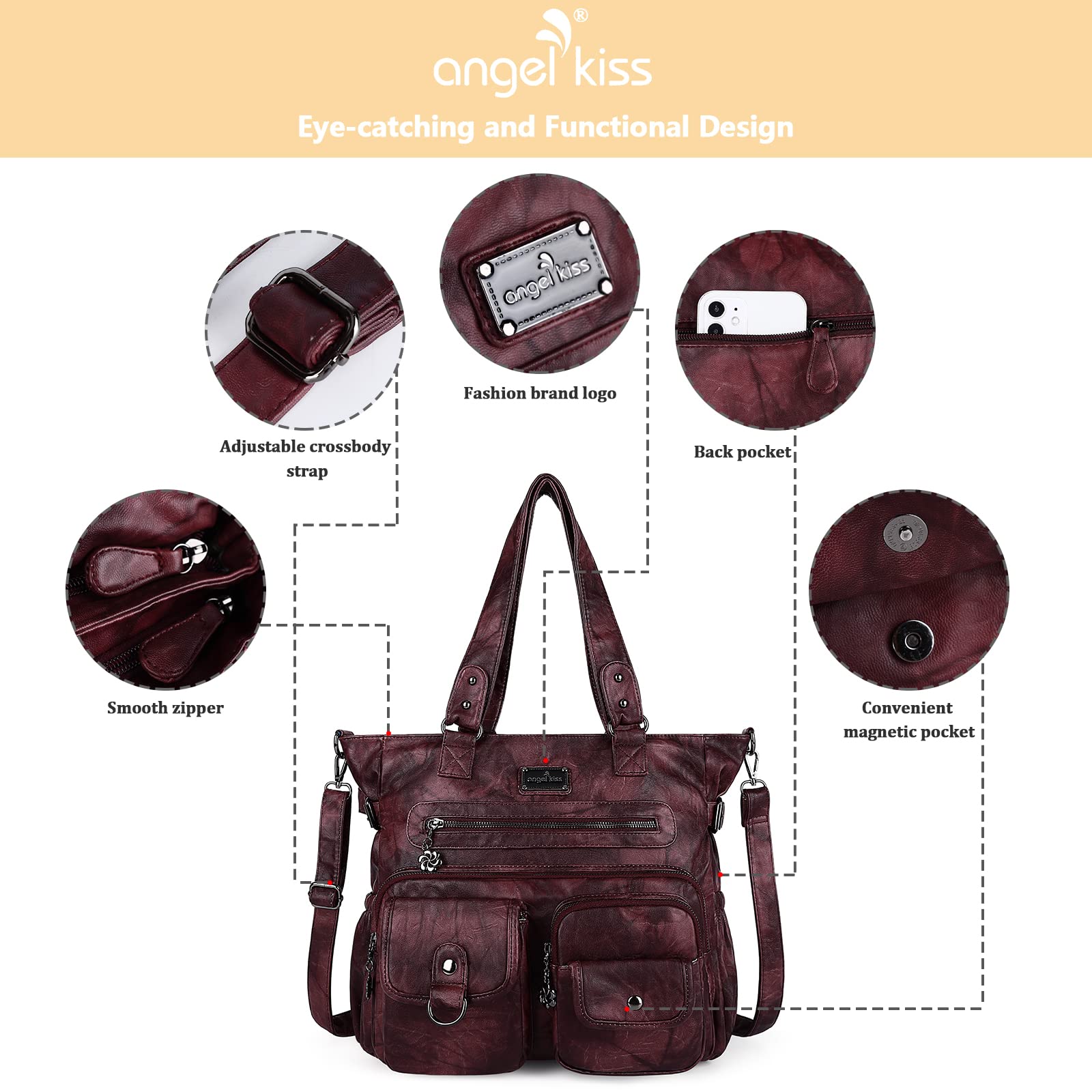 Angelkiss Women's PU Tote Shoulder Bag with Pockets - Perfect for Work & Travel