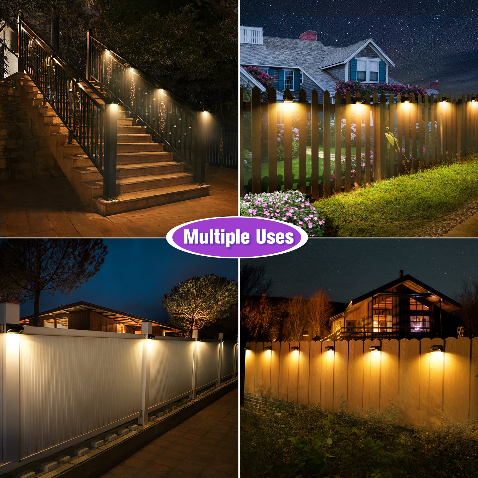 Aulanto 8 Pack Solar Fence Lights - IP65 Waterproof Outdoor Solar Lights with Warm White & 10 RGB Color Changing Modes - Perfect for Backyard, Garden, Fence, Wall, Deck, Stairs - Create Ambient Lighting for Patio Parties & Pathway Safety