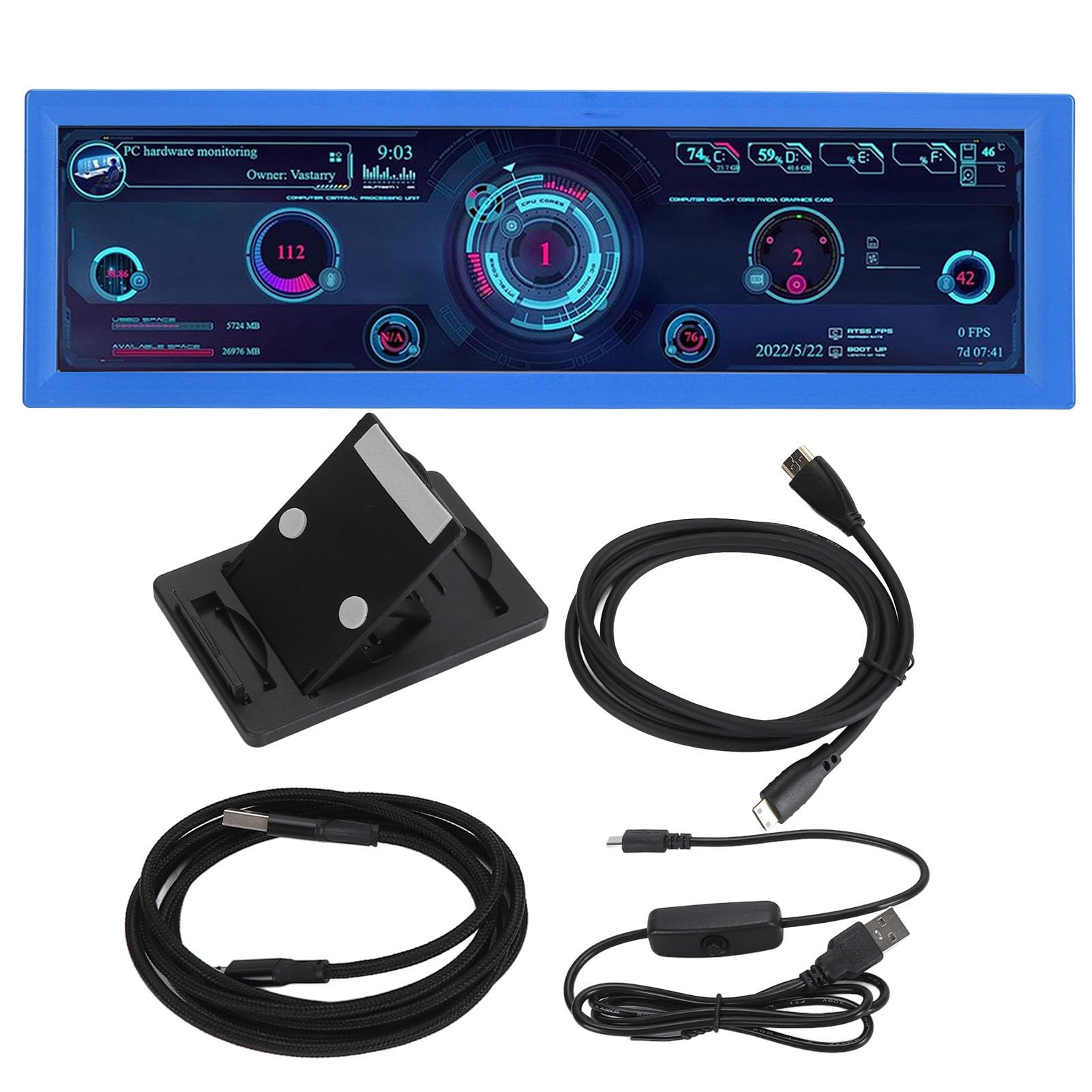 CICIGLOW 8.8 Inch PC Temperature Monitor - HD IPS 1920x480 Mini HDMI/USB Secondary Screen for CPU GPU RAM FPS HDD Data Display (Blue) - Perfect for Gaming Rigs, Workstations & PC Build Monitoring