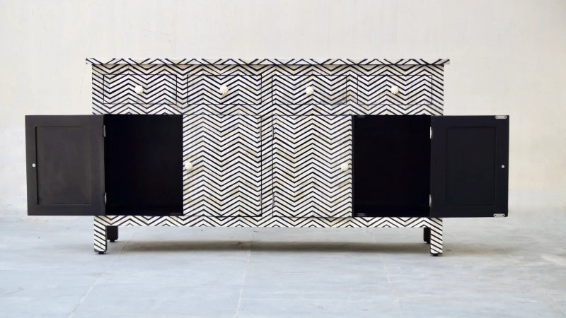 Handmade Bone Inlay Sideboard with 4 Drawers & 4 Doors - Black Chevron Pattern Wooden Buffet Cabinet for Dining Room, Living Room & Entryway Storage
