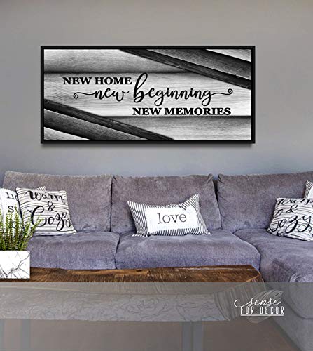 Wooden Framed Canvas Wall Art - Sense of Art New Home New Beginnings V15 - Housewarming Gift, Rustic Home Decor for Living Room, Religious & Farmhouse Style (Grey, 60x27 Inch Black Floating Frame) - Perfect for Wall Decor, Housewarming Parties & Cozy Home Interiors