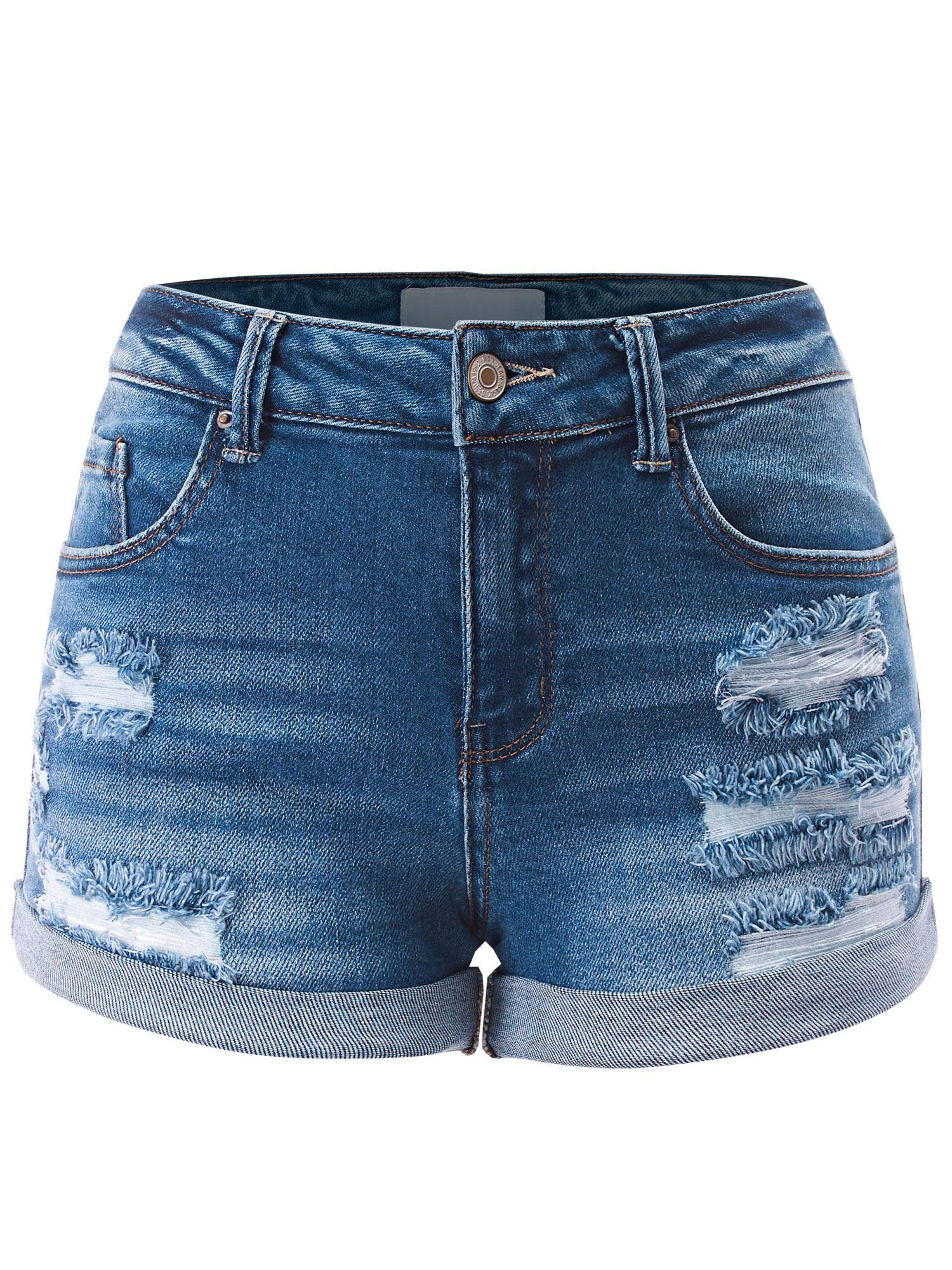 FashionMille Women's Casual Distressed Ripped Folded Hem Denim Shorts - High Waist Stretch Comfort for Summer Outfits & Streetwear Fashion