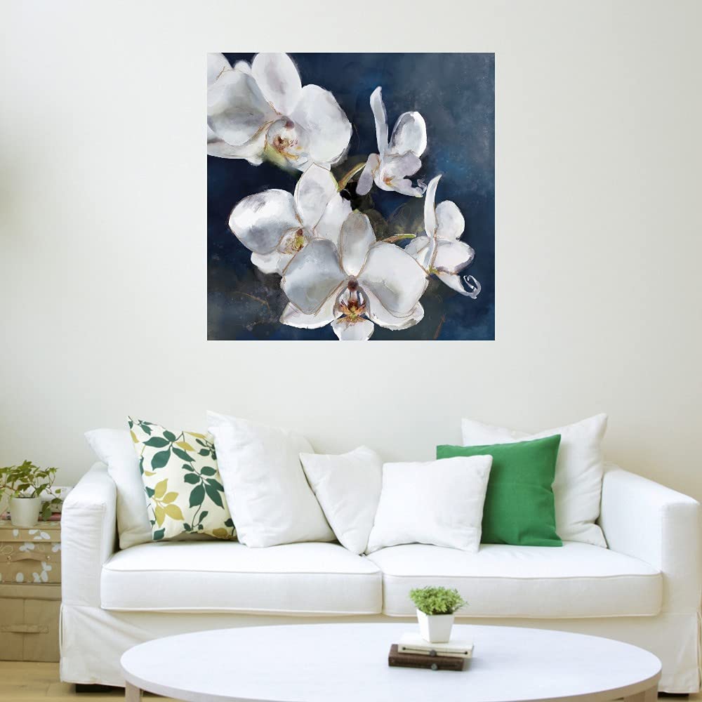 Botanical Wall Art Canvas - Navy Blue Orchid Painting 37x37 Inch, Handmade Plant Decor for Bathroom & Bedroom | Perfect for Spa, Yoga Studio & Home Office Decor